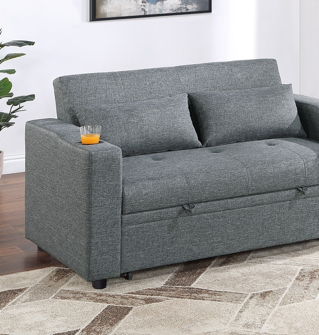 Contemporary Black Gray Sleeper Sofa Pillows Plush Tufted Seat 1Pc Convertible Sofa W Cup Holder Polyfiber Couch Living Room Furniture Grey Blue Wood Primary Living Space Contemporary,Modern Pine Fabric 2 Seat