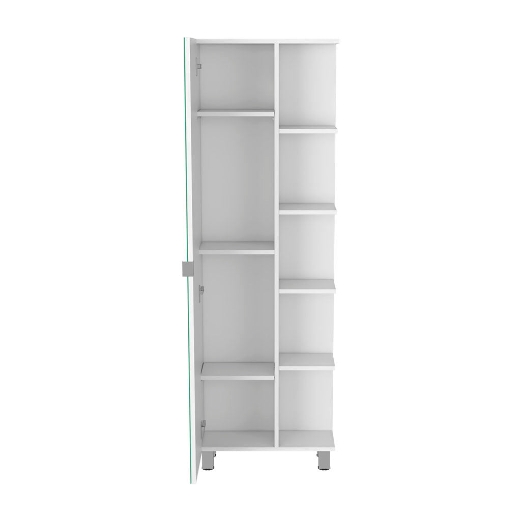 Linen Single Door Cabinet 62" H, Five External Shelves, Four Interior Shelves, White White Particle Board Particle Board