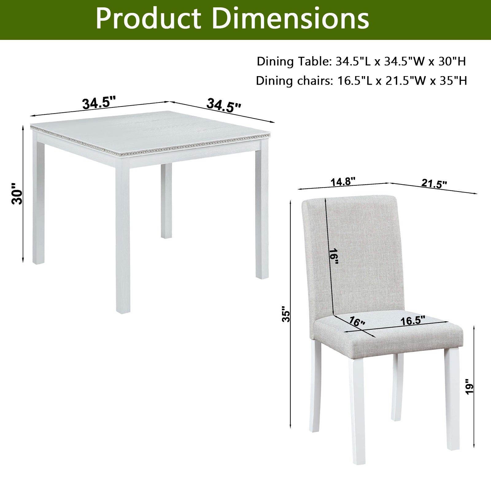 5 Piece Wooden Dining Table Set, Kitchen Table Set With A Square Table And 4 Upholstered Chairs, Wooden Dining Room Table With Crystal Decoration And Chairs Set For Kitchen, Dining Room, White Beige White Seats 4 Dining Room 4 Leg Square Dining Table
