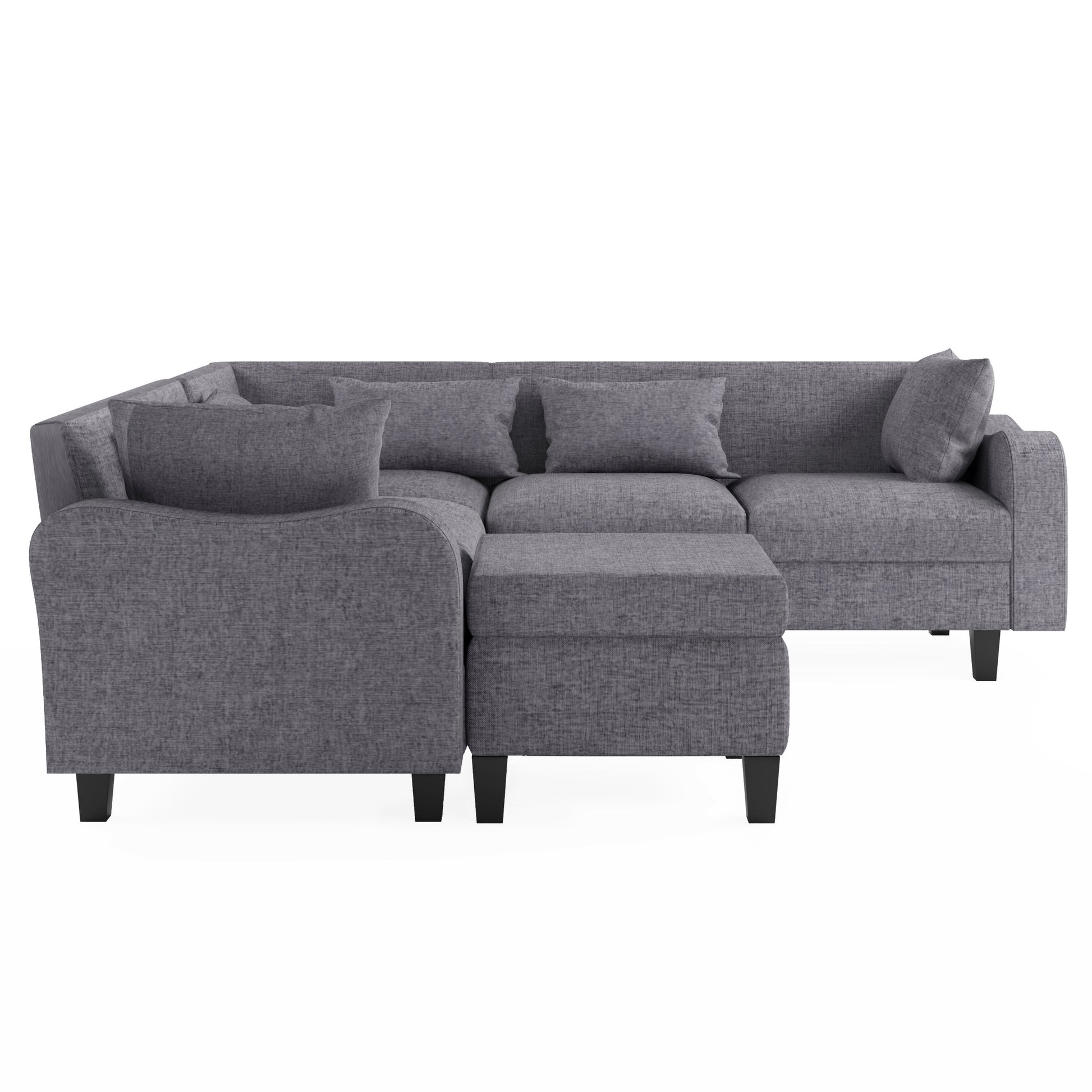 87" Modern Sectional Sofa With Coffee Table,6 Seat Couch Set With Storage Ottoman,Various Combinations,L Shape Indoor Furniture With Unique Armrests For Living Room,Apartment, 2 Colors 6 Pillows Gray Linen 6 Seat