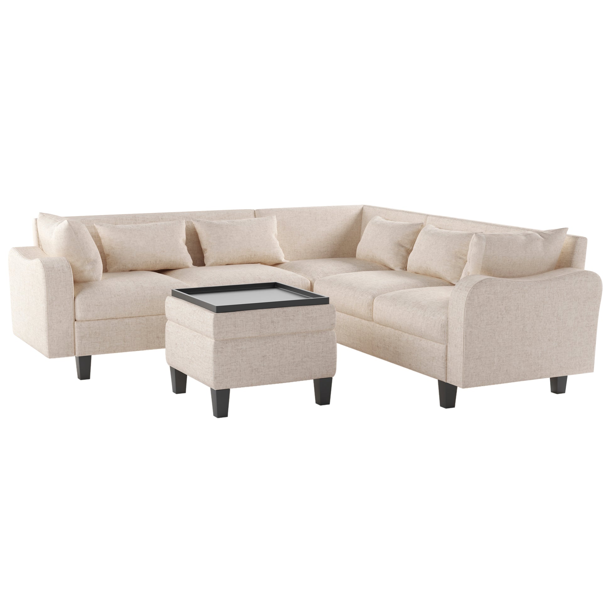 87" Modern Sectional Sofa With Coffee Table,6 Seat Couch Set With Storage Ottoman,Various Combinations,L Shape Indoor Furniture With Unique Armrests For Living Room,Apartment, 2 Colors 6 Pillows Beige Linen 6 Seat