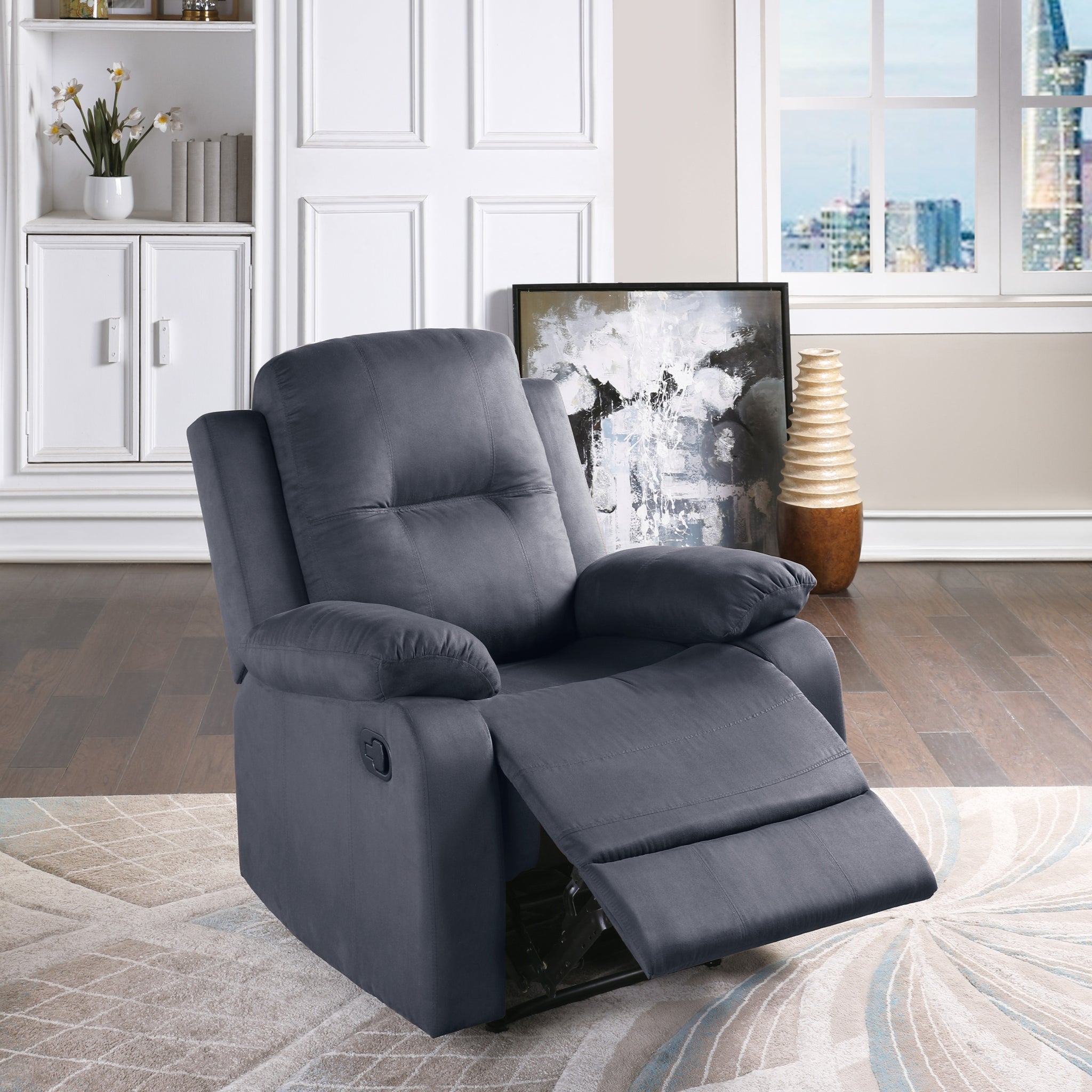 Elegant Modern Ebony Color Microfiber Motion Recliner Chair 1Pc Couch Manual Motion Plush Armrest Tufted Back Living Room Furniture Ebony Microfiber Manual Handle Metal Primary Living Space Cushion Back Contemporary,Modern,Transitional Handle Pillow Top