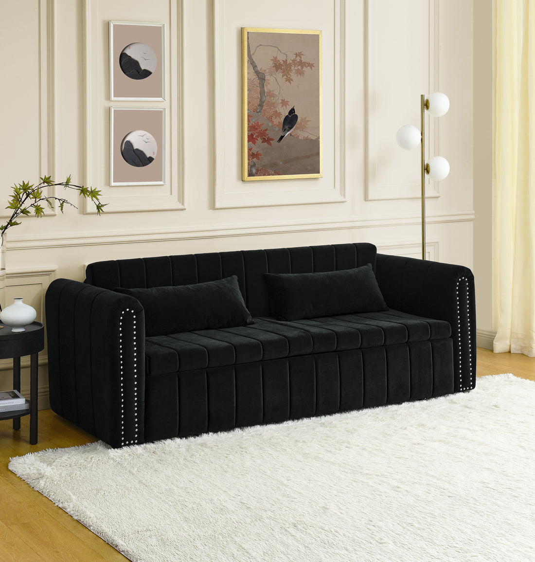 3 In 1 Pull Out Bed Sleeper, Modern Upholstered 3 Seats Lounge Sofa & Couches With Rolled Arms Decorated With Copper Nailsconvertible Futon 3 Seats Sofabed With Two Drawers And Two Pillows Black Velvet Primary Living Space Medium Soft Cushion Back Rolled