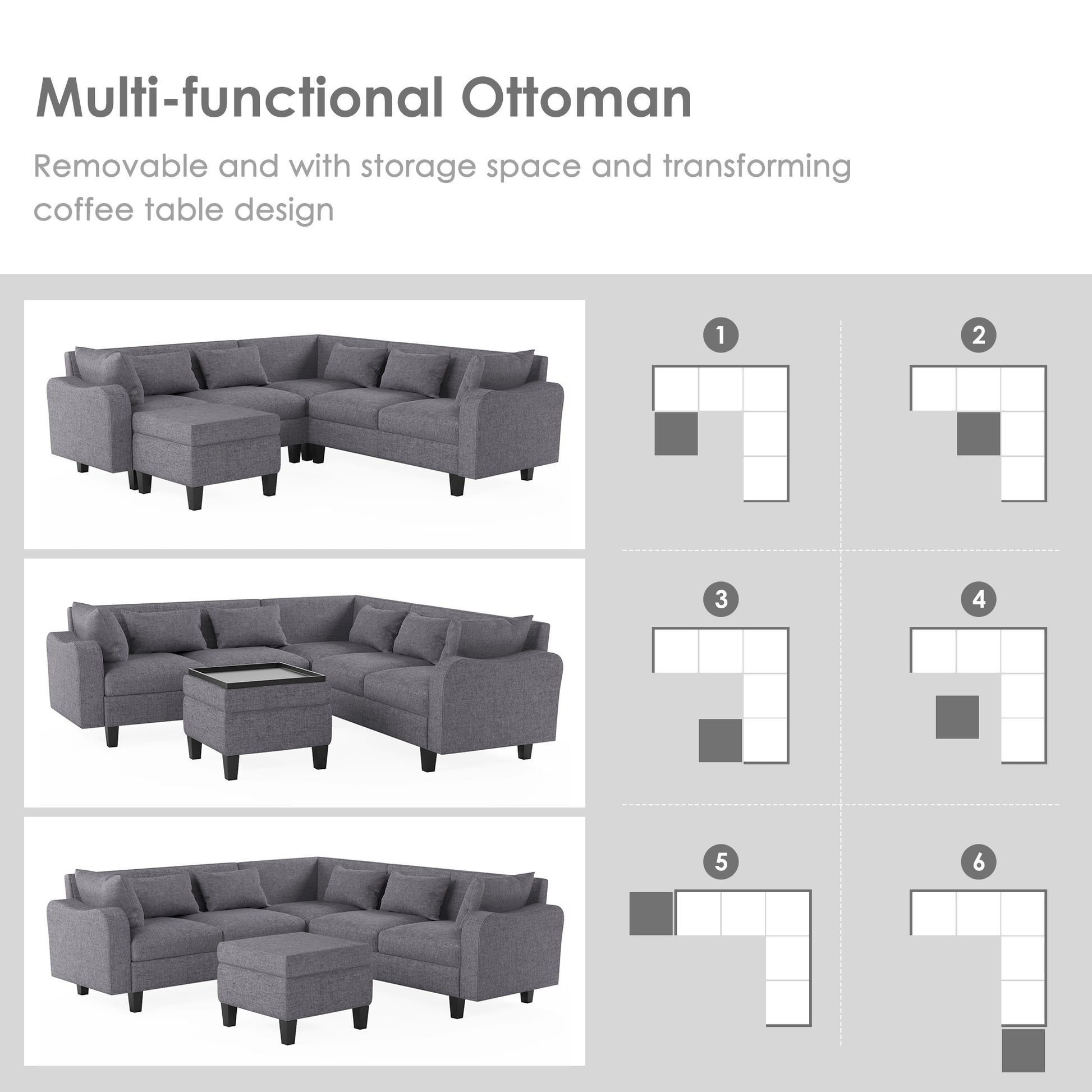 87" Modern Sectional Sofa With Coffee Table,6 Seat Couch Set With Storage Ottoman,Various Combinations,L Shape Indoor Furniture With Unique Armrests For Living Room,Apartment, 2 Colors 6 Pillows Gray Linen 6 Seat