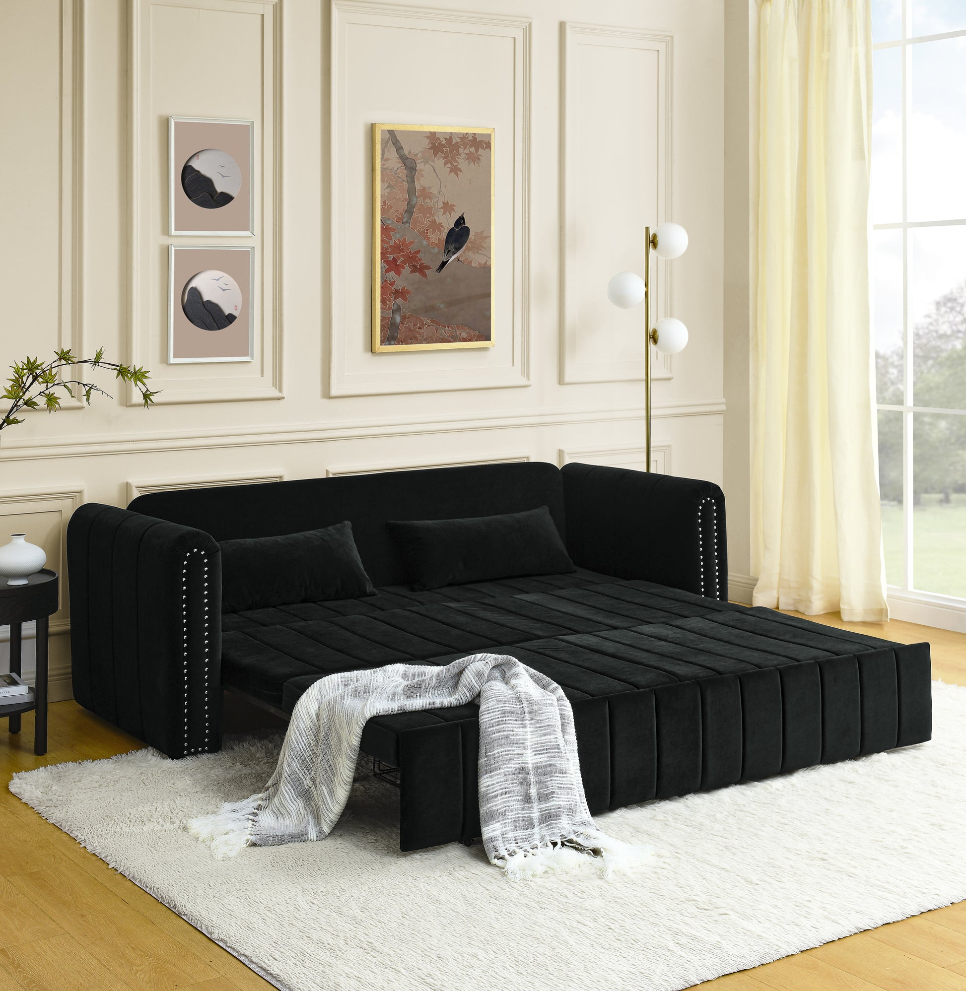 3 In 1 Pull Out Bed Sleeper, Modern Upholstered 3 Seats Lounge Sofa & Couches With Rolled Arms Decorated With Copper Nailsconvertible Futon 3 Seats Sofabed With Two Drawers And Two Pillows Black Velvet Primary Living Space Medium Soft Cushion Back Rolled