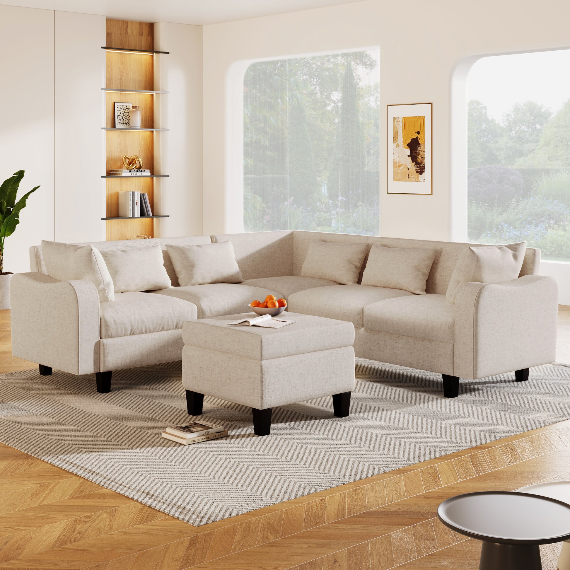 87" Modern Sectional Sofa With Coffee Table,6 Seat Couch Set With Storage Ottoman,Various Combinations,L Shape Indoor Furniture With Unique Armrests For Living Room,Apartment, 2 Colors 6 Pillows Beige Linen 6 Seat