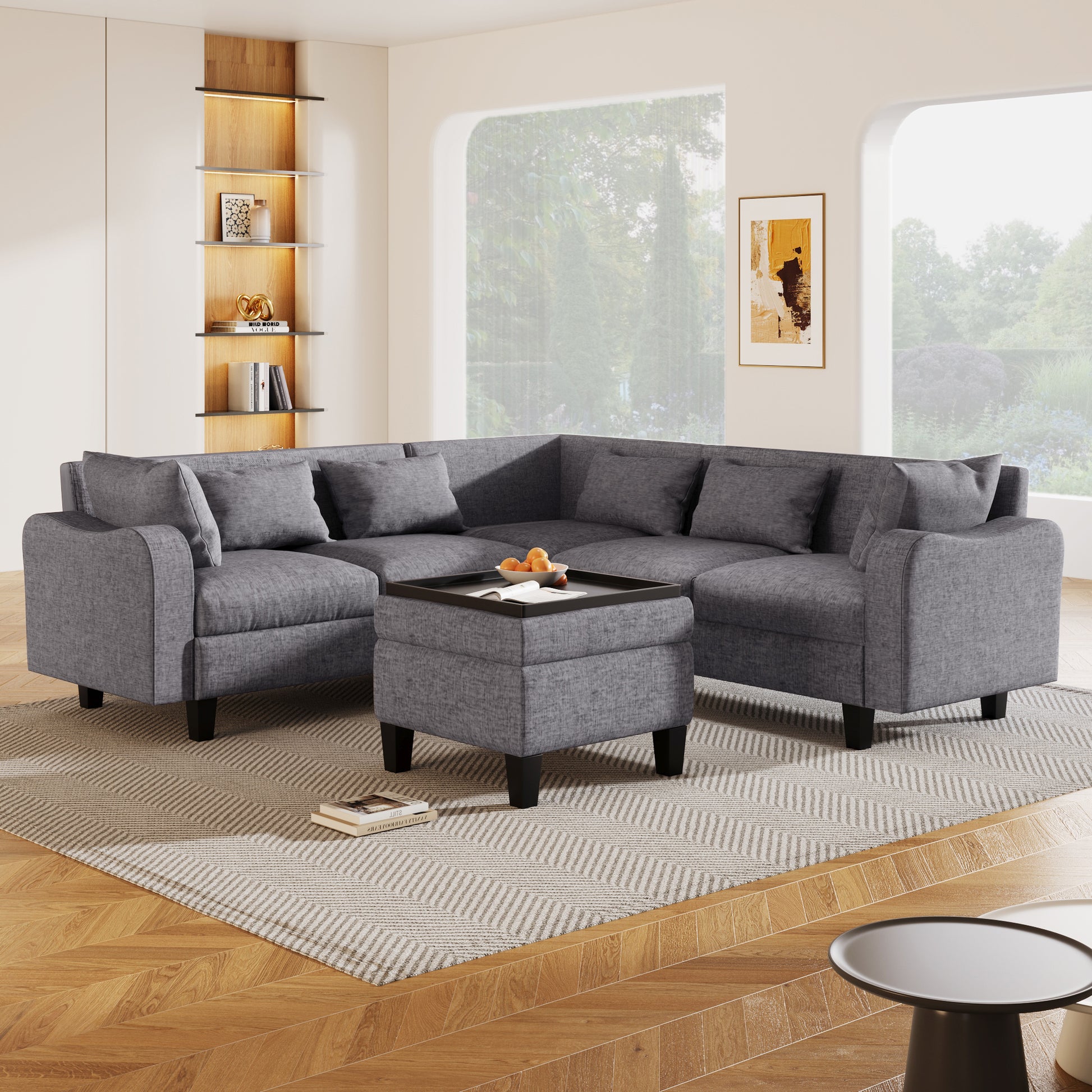 87" Modern Sectional Sofa With Coffee Table,6 Seat Couch Set With Storage Ottoman,Various Combinations,L Shape Indoor Furniture With Unique Armrests For Living Room,Apartment, 2 Colors 6 Pillows Gray Linen 6 Seat