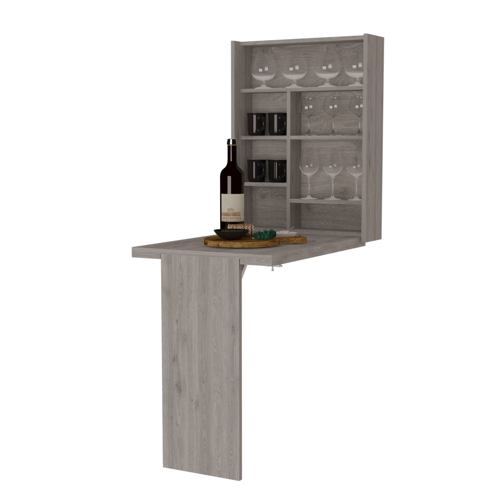 Wall Foldable Table With Multiple Shelves, Light Gray Gray Particle Board Particle Board