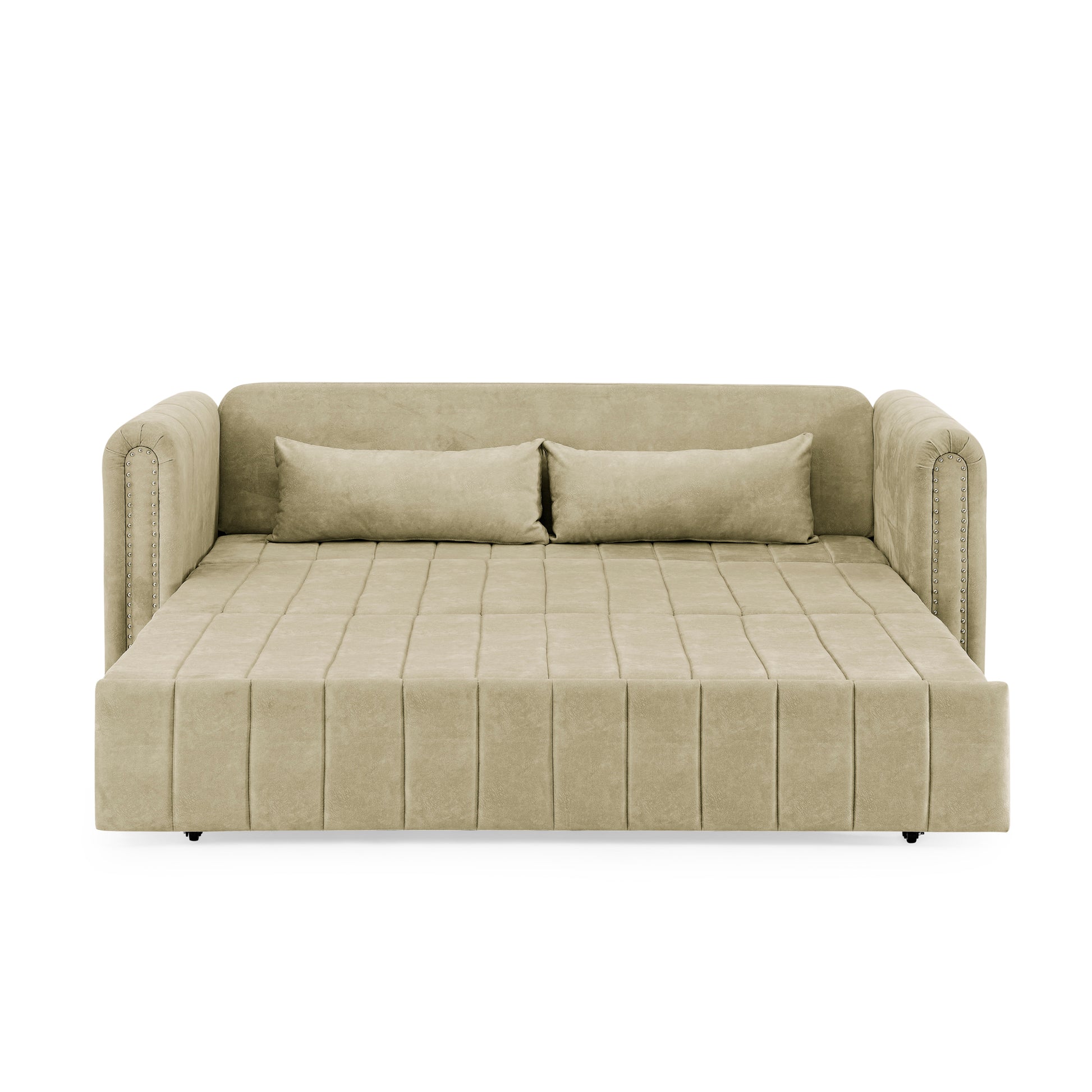 3 In 1 Pull Out Bed Sleeper, Modern Upholstered 3 Seats Lounge Sofa & Couches With Rolled Arms Decorated With Copper Nailsconvertible Futon 3 Seats Sofabed With Two Drawers And Two Pillows Beige Velvet Primary Living Space Medium Soft Cushion Back Square