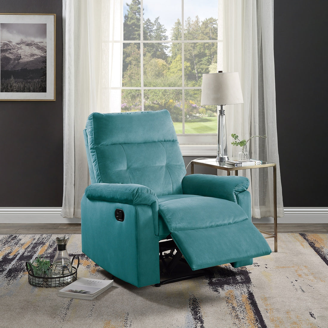 Luxurious Velvet Teal Blue Color Motion Recliner Chair 1Pc Couch Manual Motion Plush Armrest Tufted Back Living Room Furniture Chair Teal Blue Velvet Manual Handle Metal Primary Living Space Cushion Back Contemporary,Modern,Transitional Handle Pillow Top