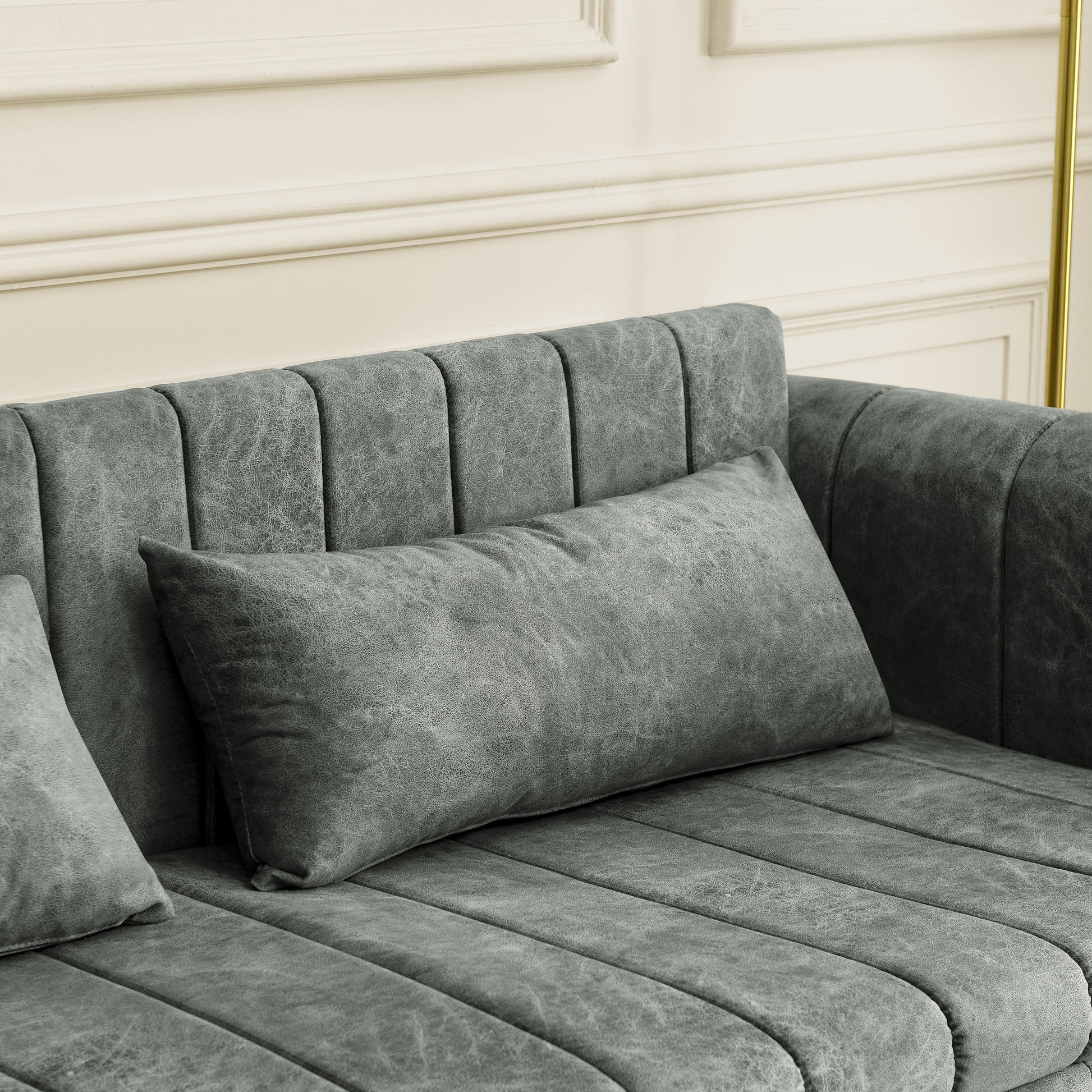 3 In 1 Pull Out Bed Sleeper, Modern Upholstered 3 Seats Lounge Sofa & Couches With Rolled Arms Decorated With Copper Nailsconvertible Futon 3 Seats Sofabed With Two Drawers And Two Pillows Grey Velvet Primary Living Space Medium Soft Cushion Back Square