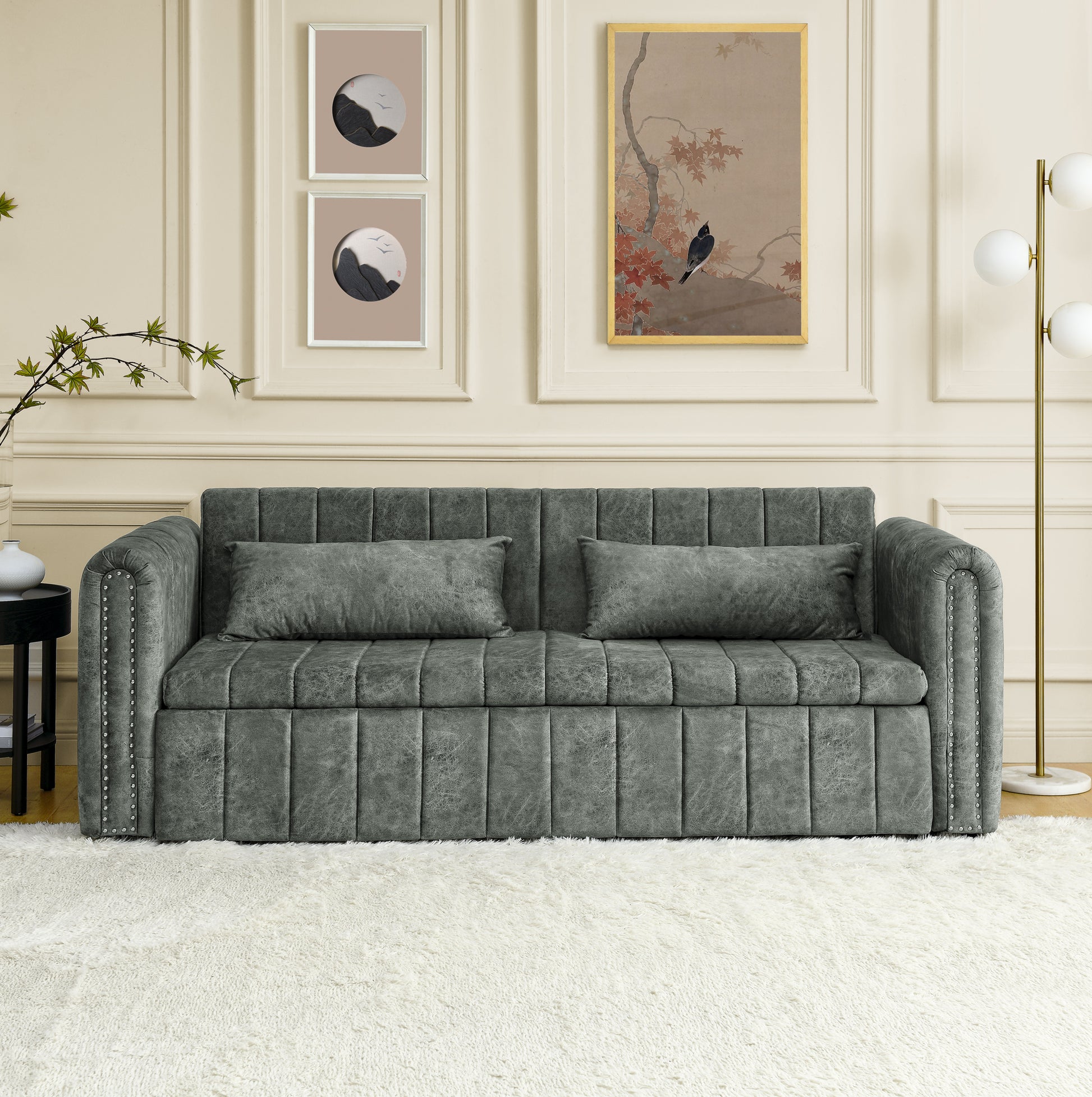 3 In 1 Pull Out Bed Sleeper, Modern Upholstered 3 Seats Lounge Sofa & Couches With Rolled Arms Decorated With Copper Nailsconvertible Futon 3 Seats Sofabed With Two Drawers And Two Pillows Grey Velvet Primary Living Space Medium Soft Cushion Back Square