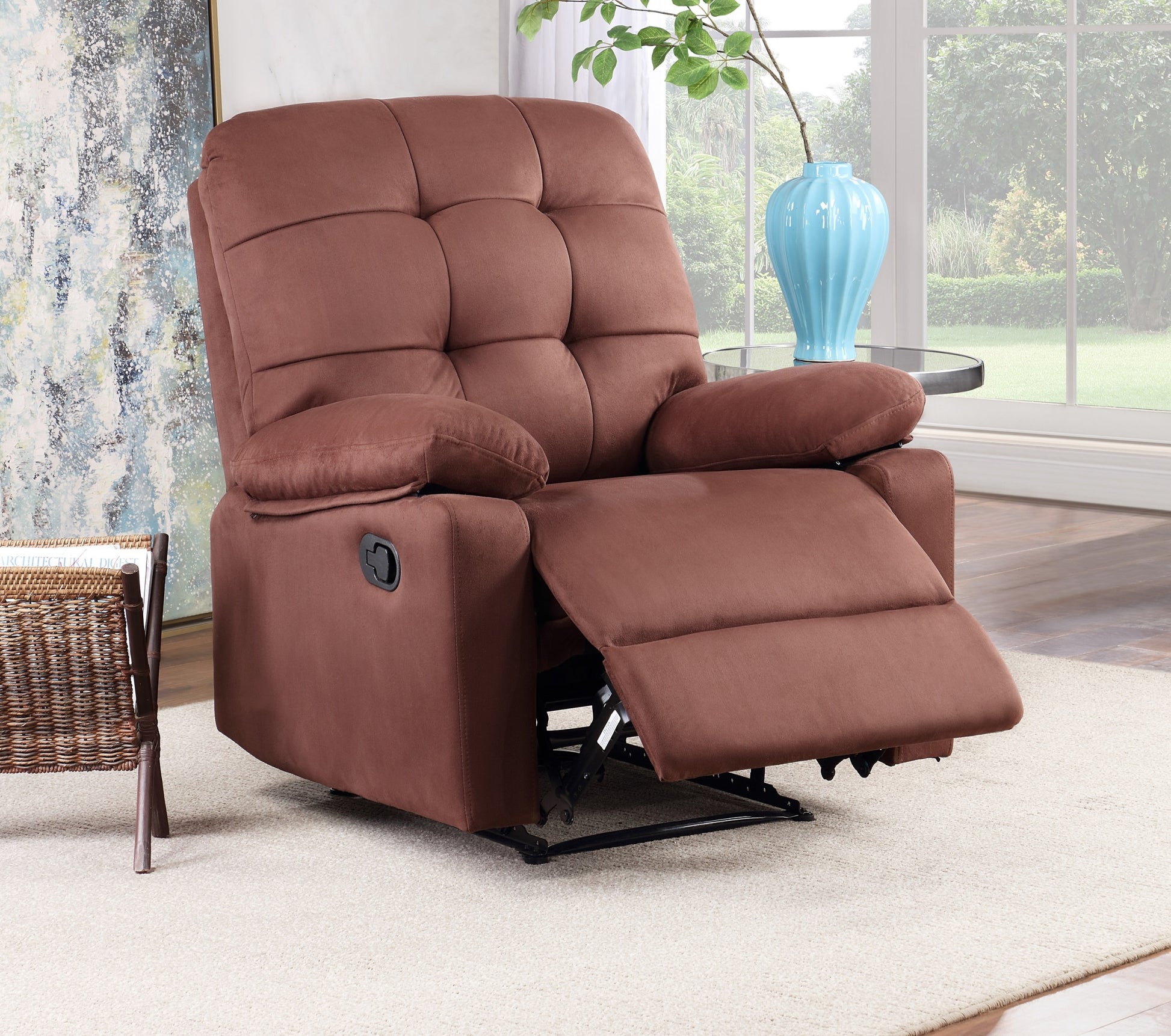 Contemporary Chocolate Color Plush Microfiber Motion Recliner Chair 1Pc Couch Manual Motion Plush Armrest Tufted Back Living Room Furniture Chocolate Microfiber Manual Handle Metal Primary Living Space Cushion Back Contemporary,Modern,Transitional Handle