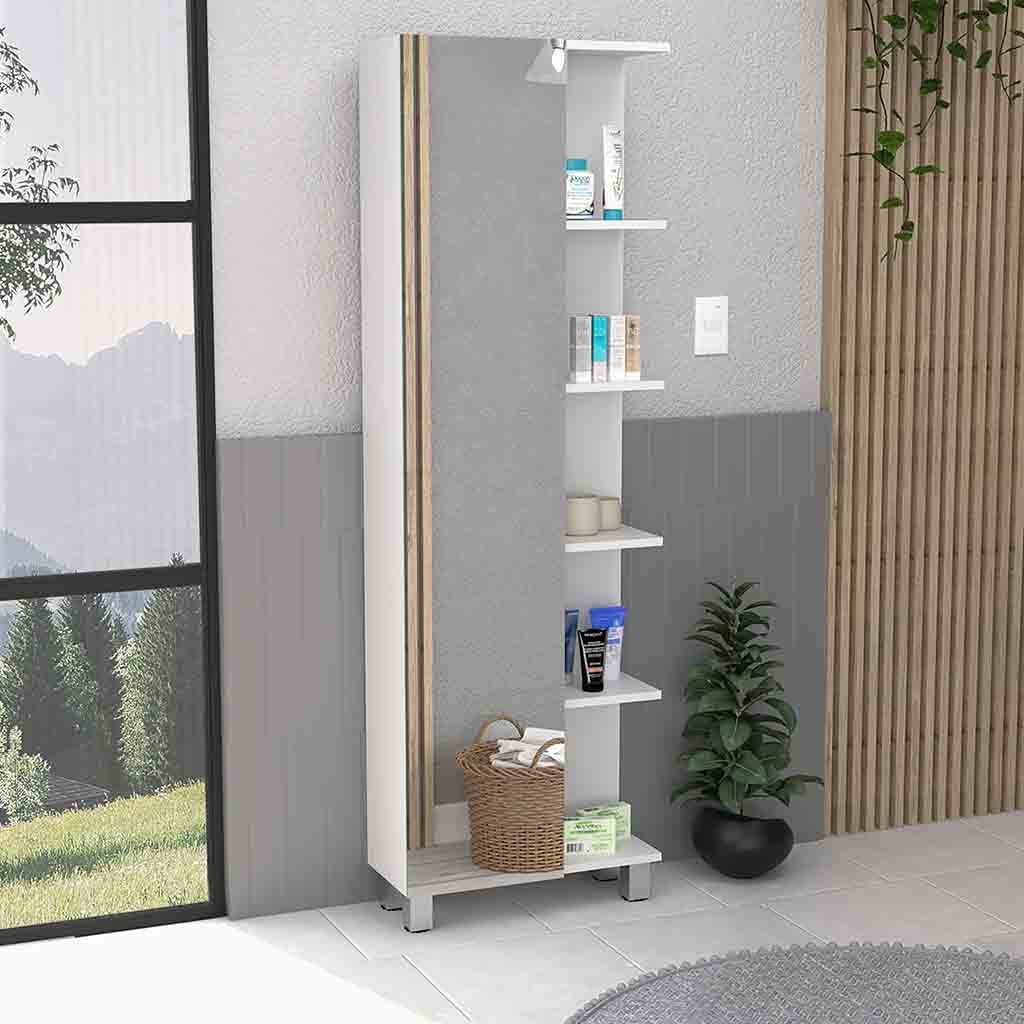 62H"Mirror Linen Single Door Cabinet, Five External Shelves, Four Interior Shelves, White White Particle Board Particle Board