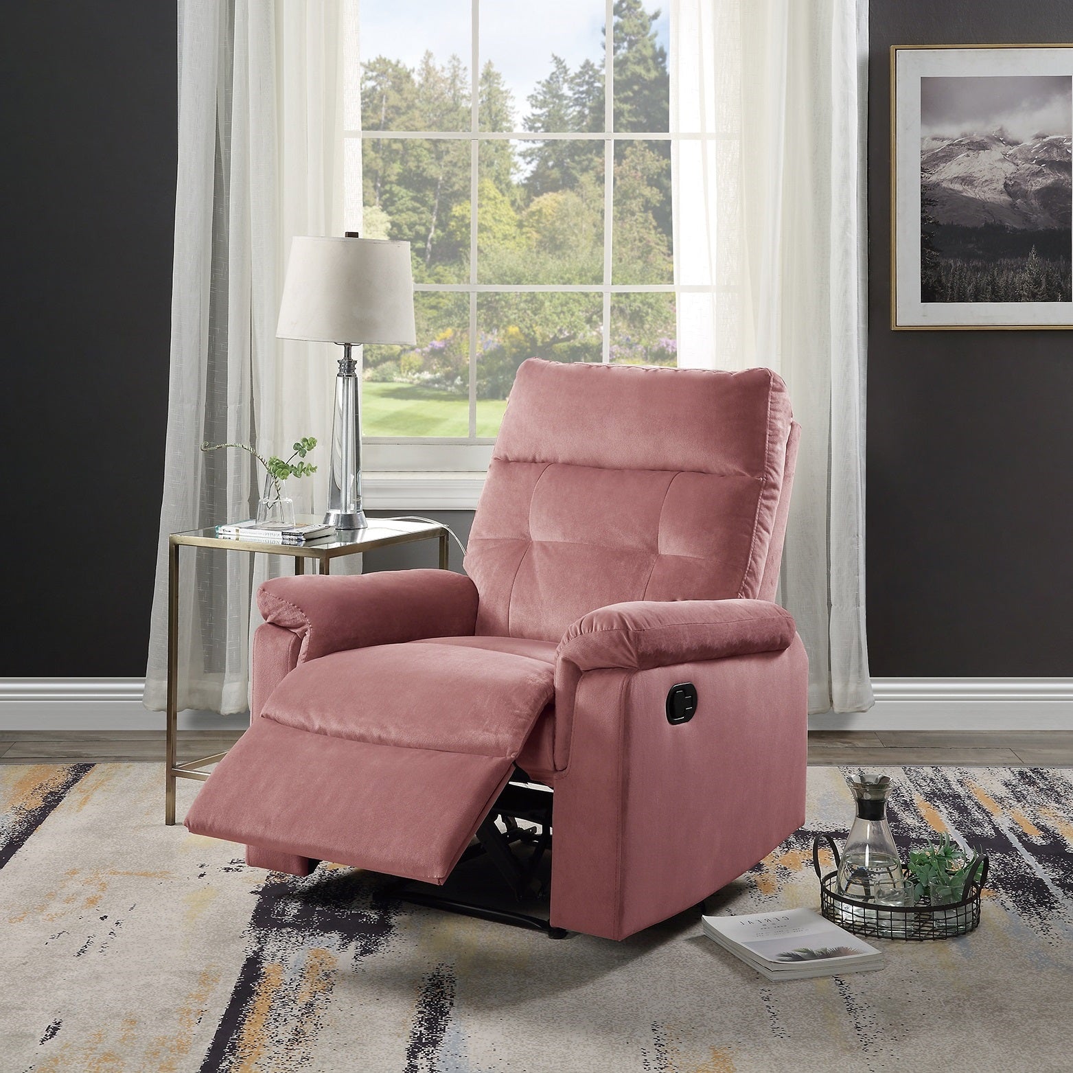 Luxurious Velvet Blush Pink Color Motion Recliner Chair 1Pc Couch Manual Motion Plush Armrest Tufted Back Living Room Furniture Chair Pink Velvet Manual Handle Metal Primary Living Space Cushion Back Contemporary,Modern,Transitional Handle Pillow Top