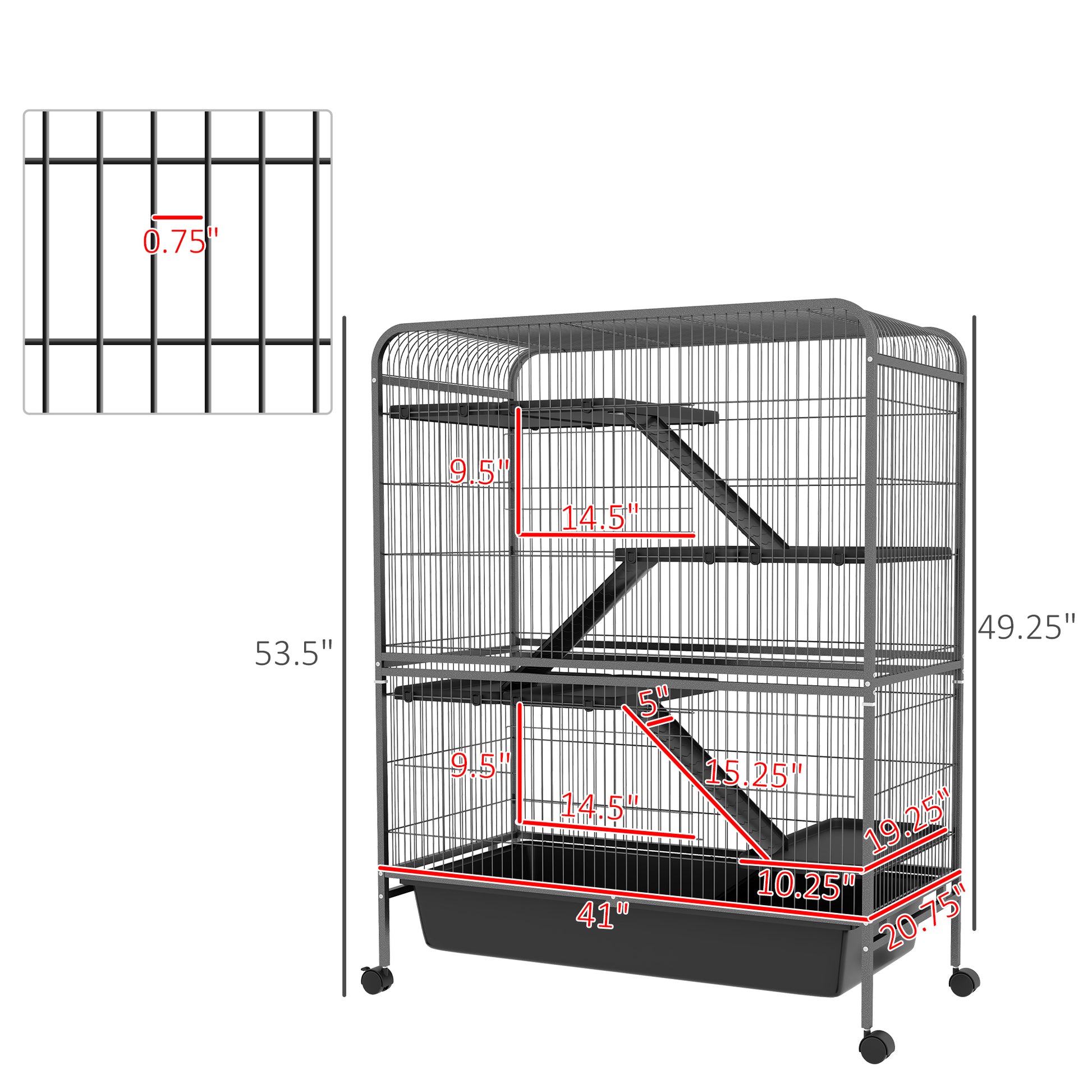 Pawhut 53.5" Small Animal Cage, 5 Level Metal Ferret Or Bunny Cage With Wheels, Chinchilla Cage With Removable Tray, 2 Front Doors, Ramps, Gray Gray Steel