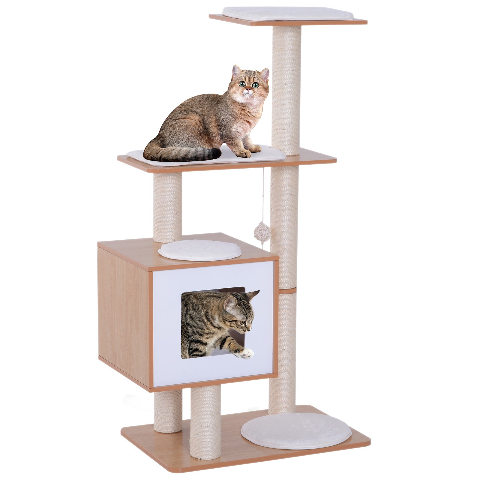 Pawhut 47 Modern Cat Tree Multi Level Scratching Post With Cube Cave Enclosure Oak Wood And White Natural Particle Board