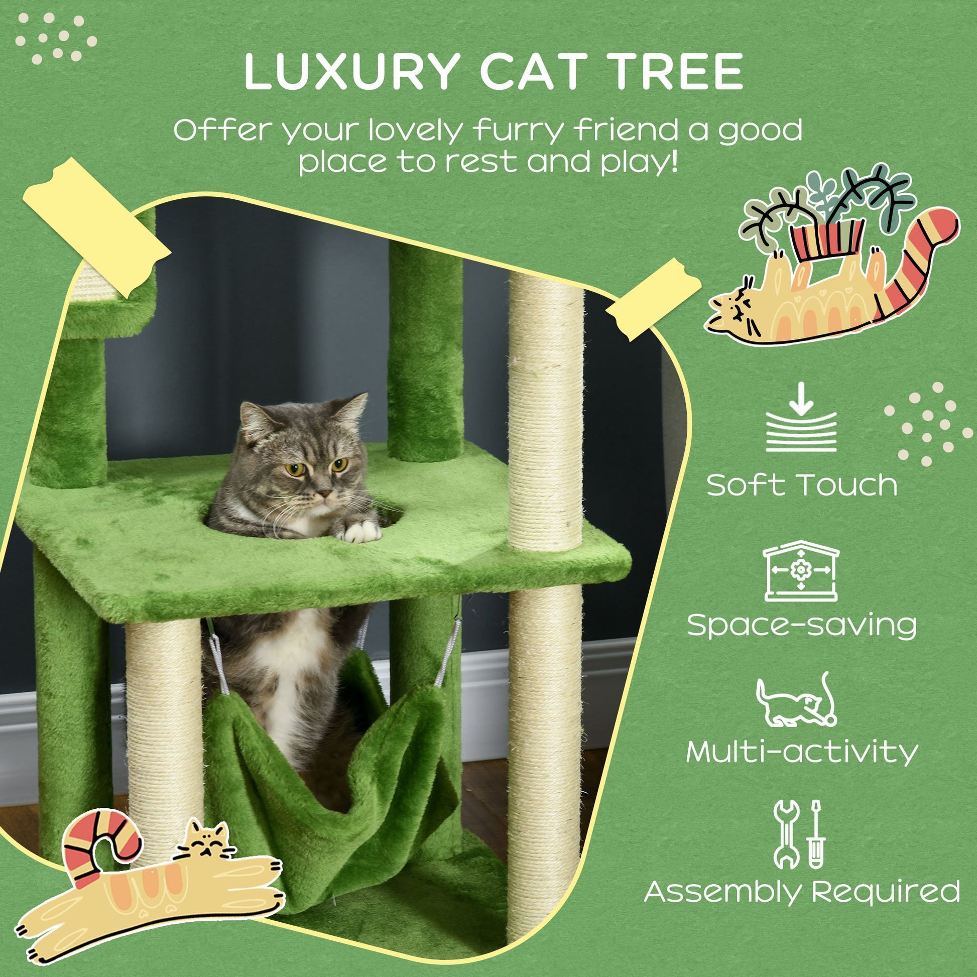 Pawhut 56" Cat Tree For Indoor Cats With Hammock, Cat Tower With Scratching Post, Platforms, Play Ball And Anti Tipping Device, For Indoor Cats, Green Green Particle Board