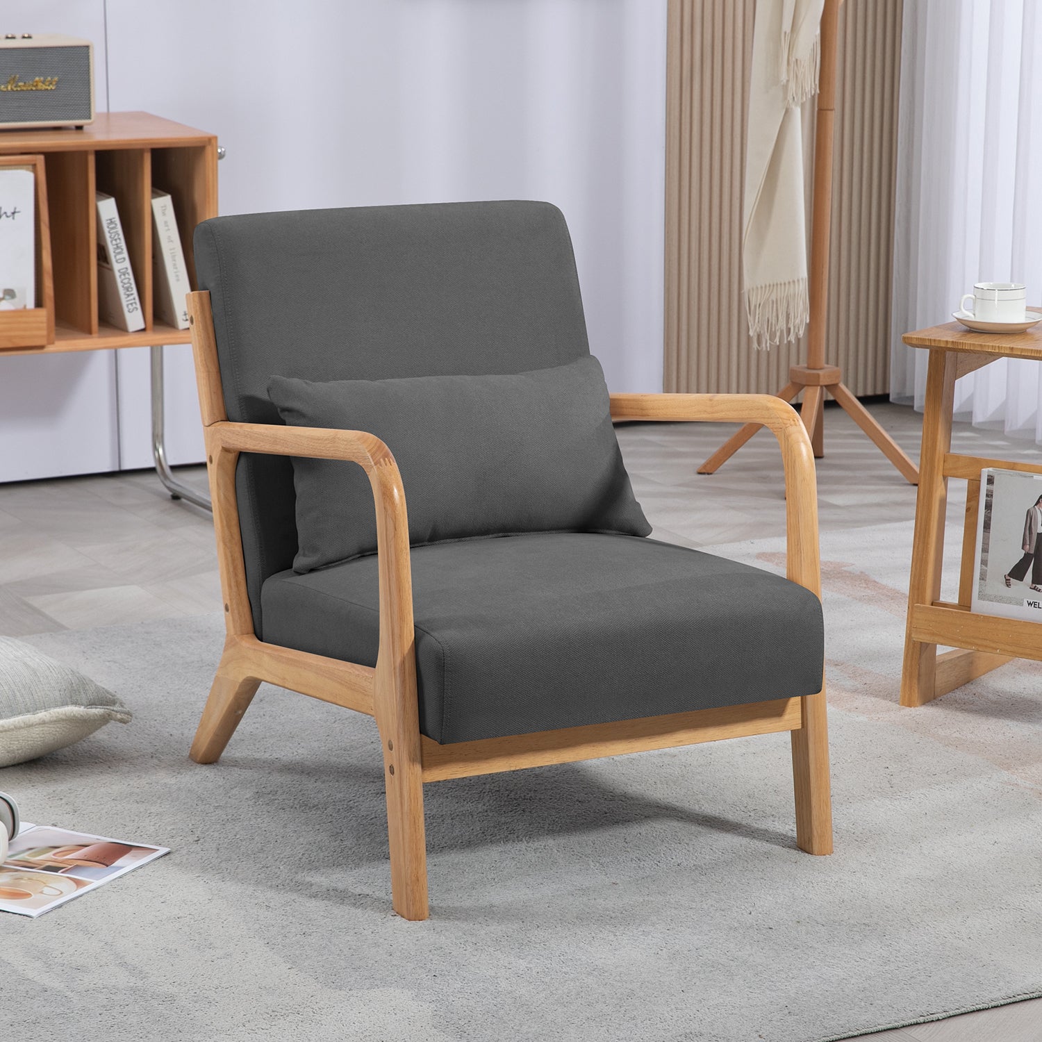 Leisure Chair With Solid Wood Armrest And Feet, Mid Century Modern Accent Sofa,1 Seat Dark Grey Linen