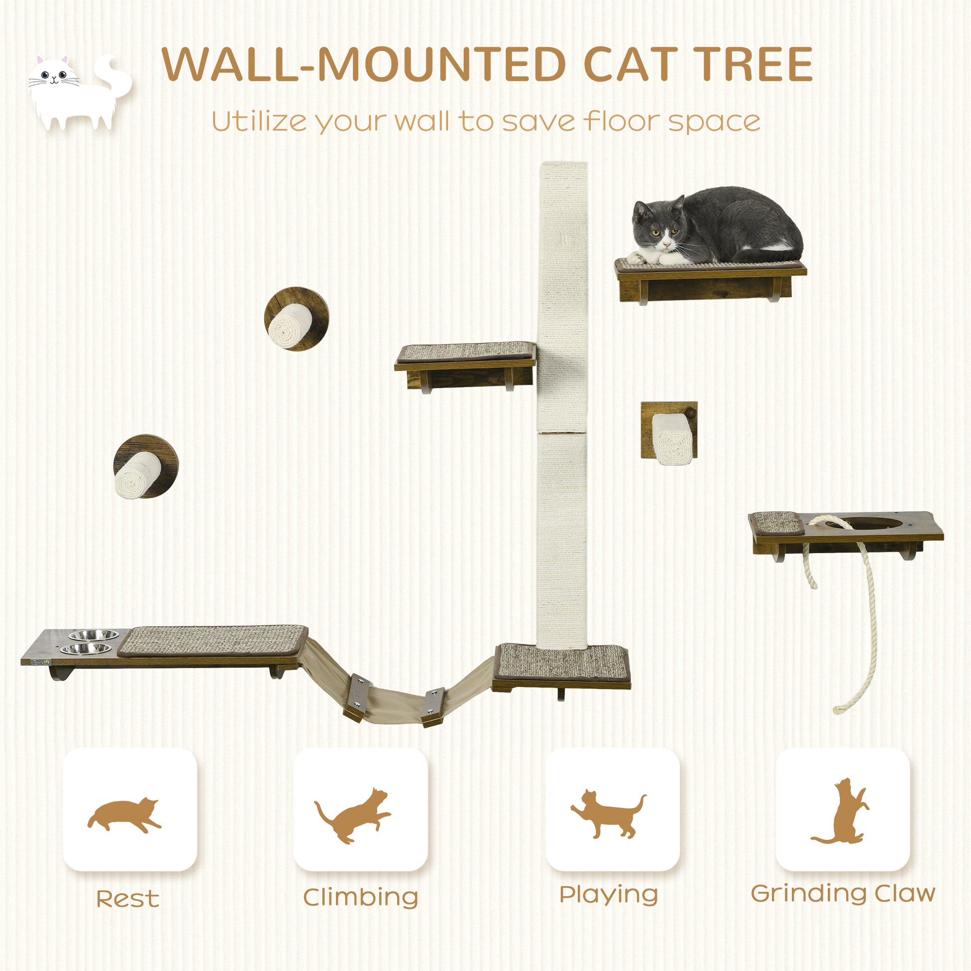 Pawhut Cat Wall Shelves, Cat Wall Furniture With Perches, Scratching Posts, Ladder, Feeder Bowls, 8 Piece Wall Mounted Cat Shelves For Climbing, Sleeping, Playing, Brown Brown Particle Board