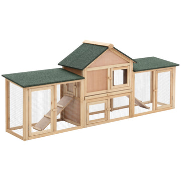 Pawhut 83"L Outdoor Rabbit Hutch, Guinea Pig Cage Indoor Outdoor Wooden Bunny Hutch With Double Runs, Weatherproof Roof, Removable Tray, Ramps, Natural Yellow Wood