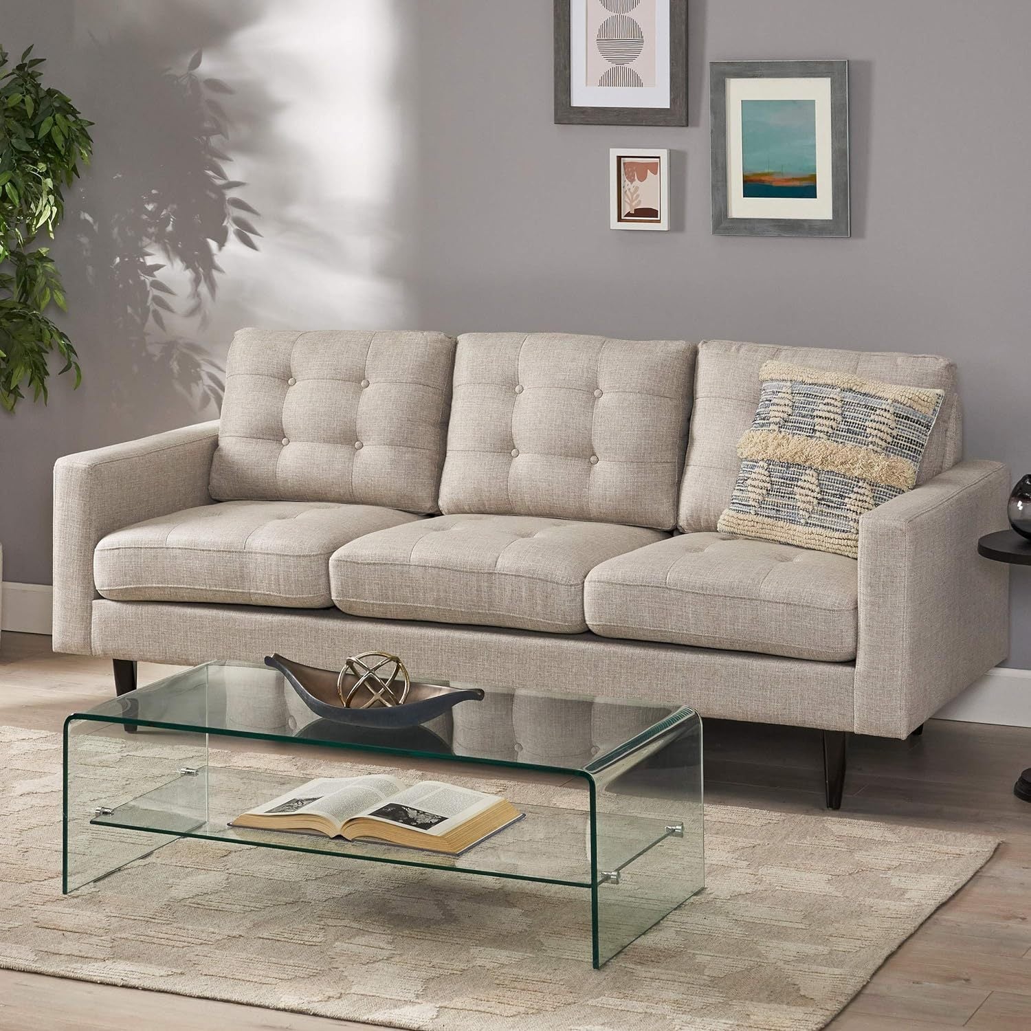 Jenny Contemporary Tufted Fabric 3 Seater Sofa Beige Fabric