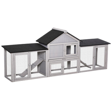 Pawhut 83"L Outdoor Rabbit Hutch, Guinea Pig Cage Indoor Outdoor Wooden Bunny Hutch With Double Runs, Weatherproof Roof, Removable Tray, Ramps, Gray Gray Wood