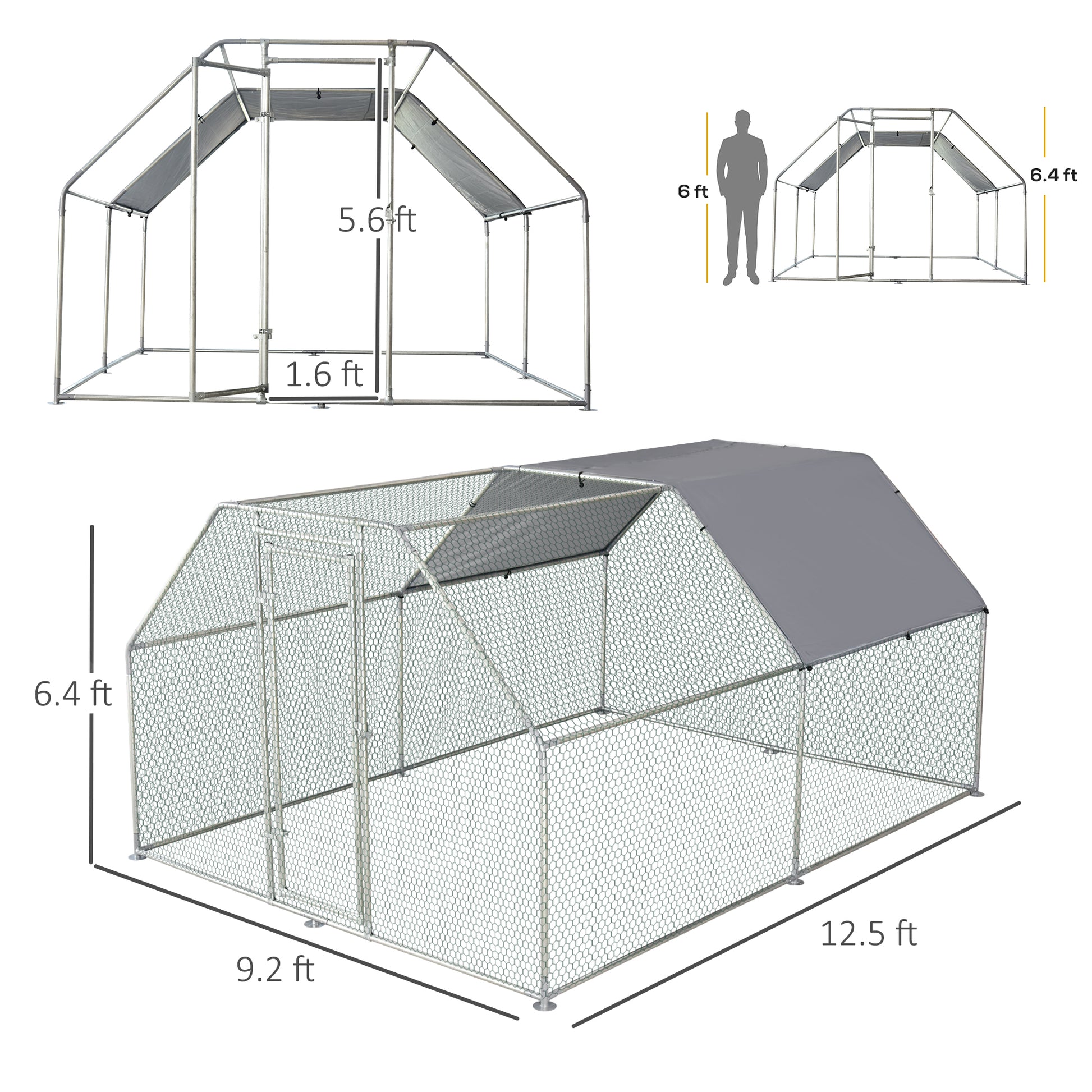 Pawhut Large Chicken Coop Metal Chicken Run With Waterproof And Anti Uv Cover, Flat Shaped Walk In Fence Cage Hen House For Outdoor And Yard Farm Use, 1.26" Tube Diameter, 9' X 12' X 6.5' Silver Steel