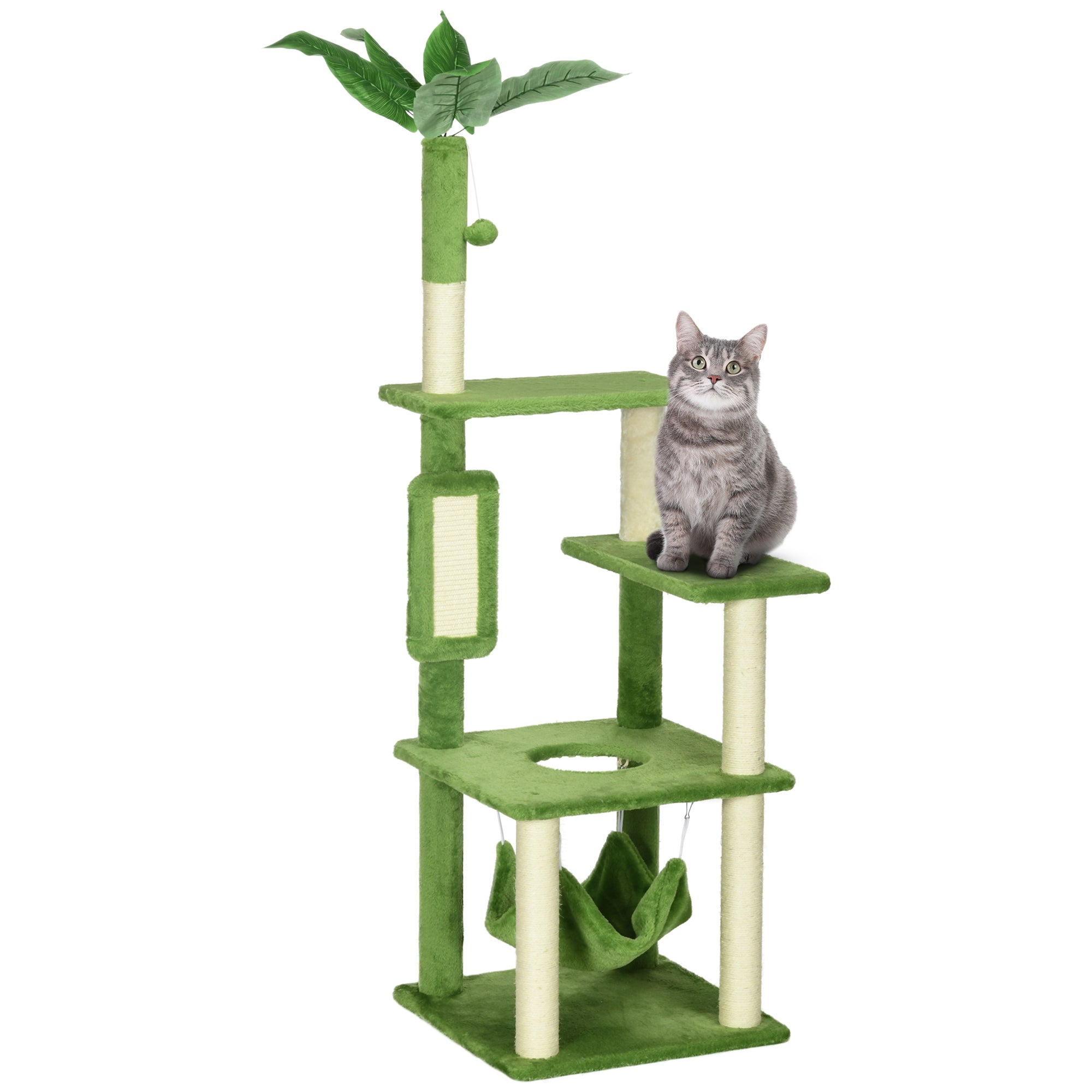 Pawhut 56" Cat Tree For Indoor Cats With Hammock, Cat Tower With Scratching Post, Platforms, Play Ball And Anti Tipping Device, For Indoor Cats, Green Green Particle Board