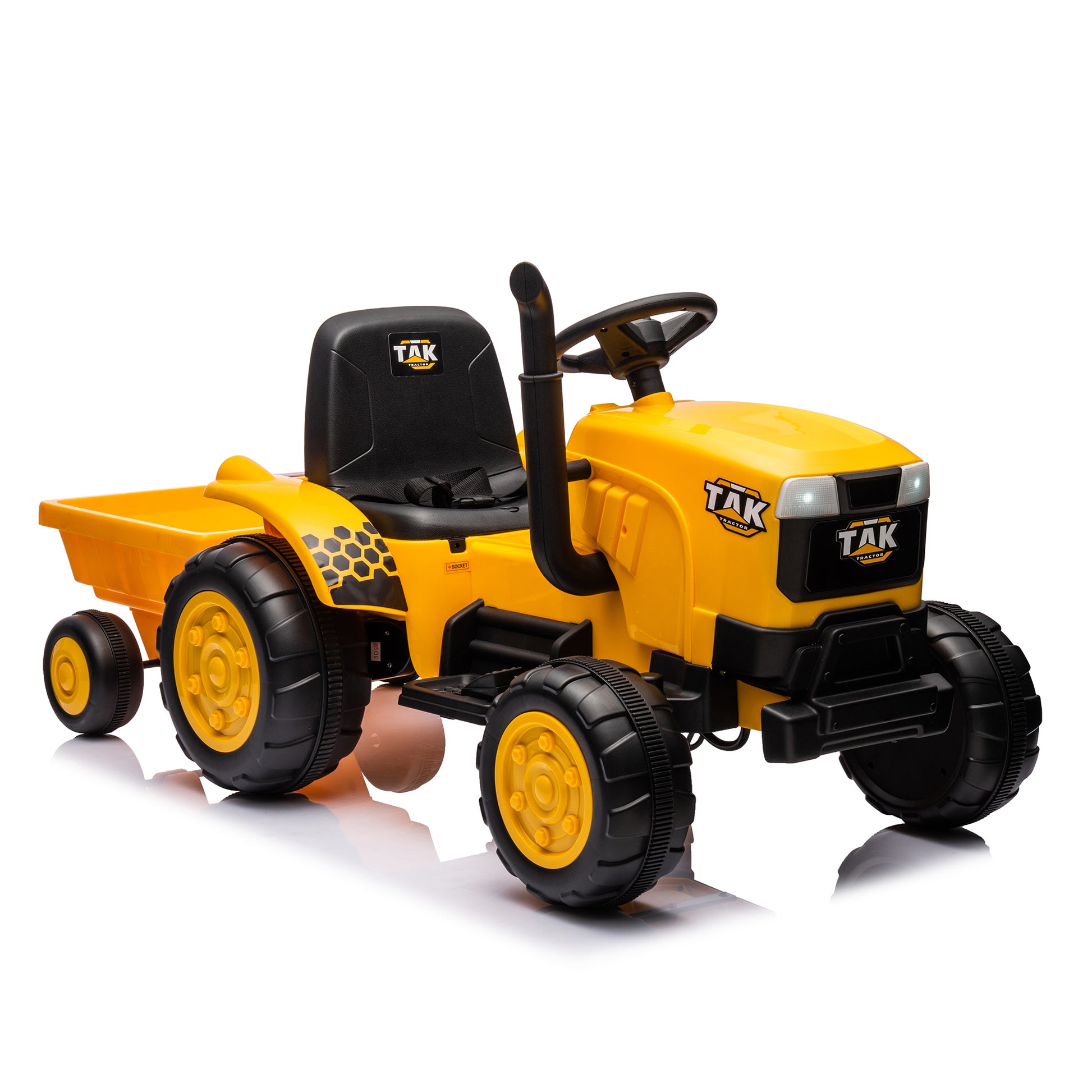 12V Kids Ride On Tractor Electric Excavator Battery Powered Motorized Car For Kids Ages 3 6, Withdetachable Trailer, Remote Control, & Bright Headlight, Yellow Yellow Polyvinyl Chloride