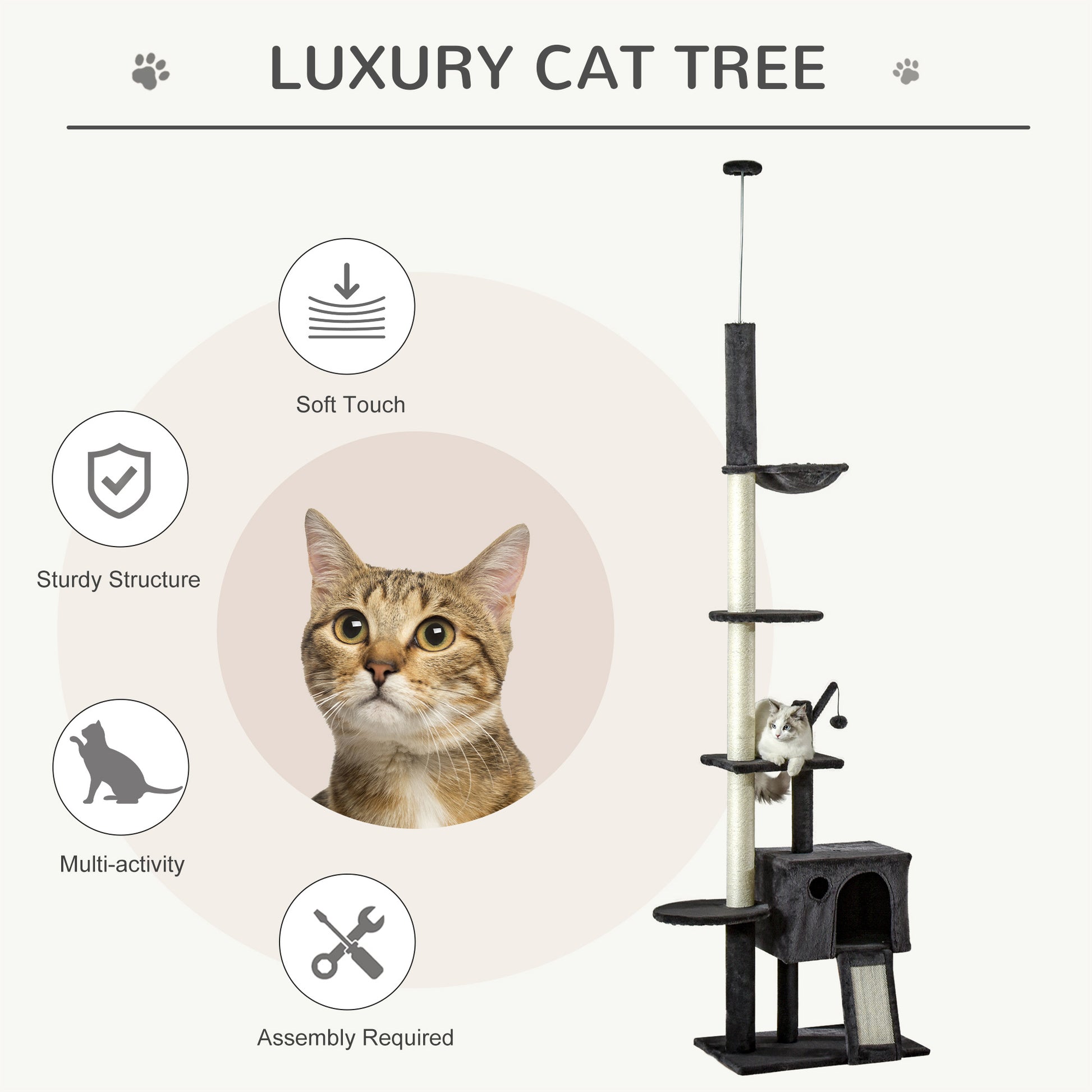 Pawhut 106" Huge Cat Tree Kitty Activity Center Floor To Ceiling Cat Climbing Toy With Scratching Post Board Hammock Hanging Ball Rest Pet Furniture Dark Grey Gray Particle Board