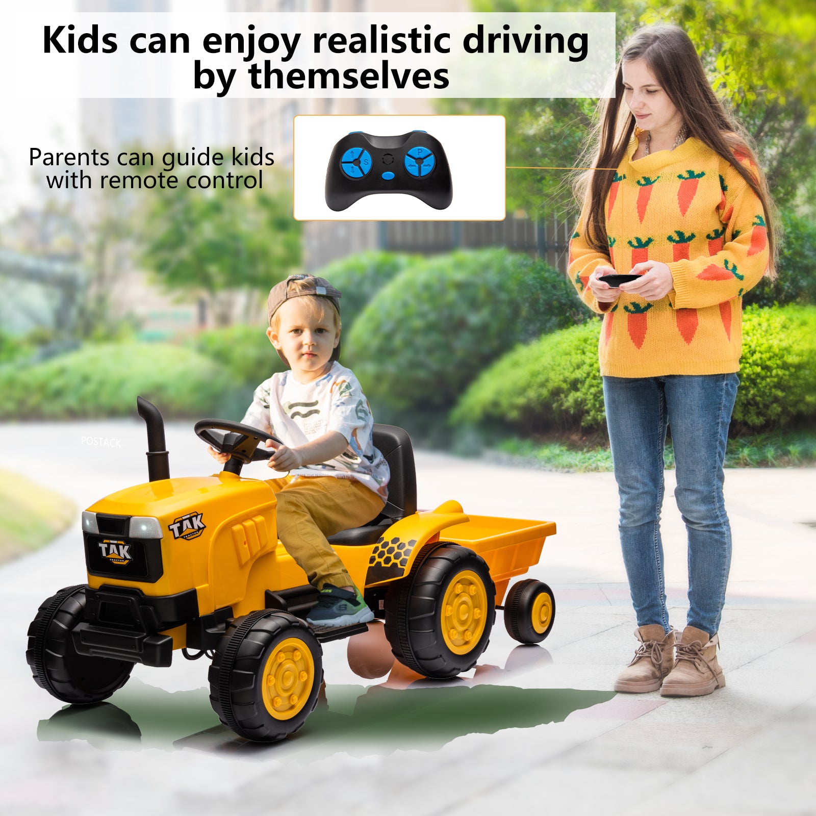 12V Kids Ride On Tractor Electric Excavator Battery Powered Motorized Car For Kids Ages 3 6, Withdetachable Trailer, Remote Control, & Bright Headlight, Yellow Yellow Polyvinyl Chloride