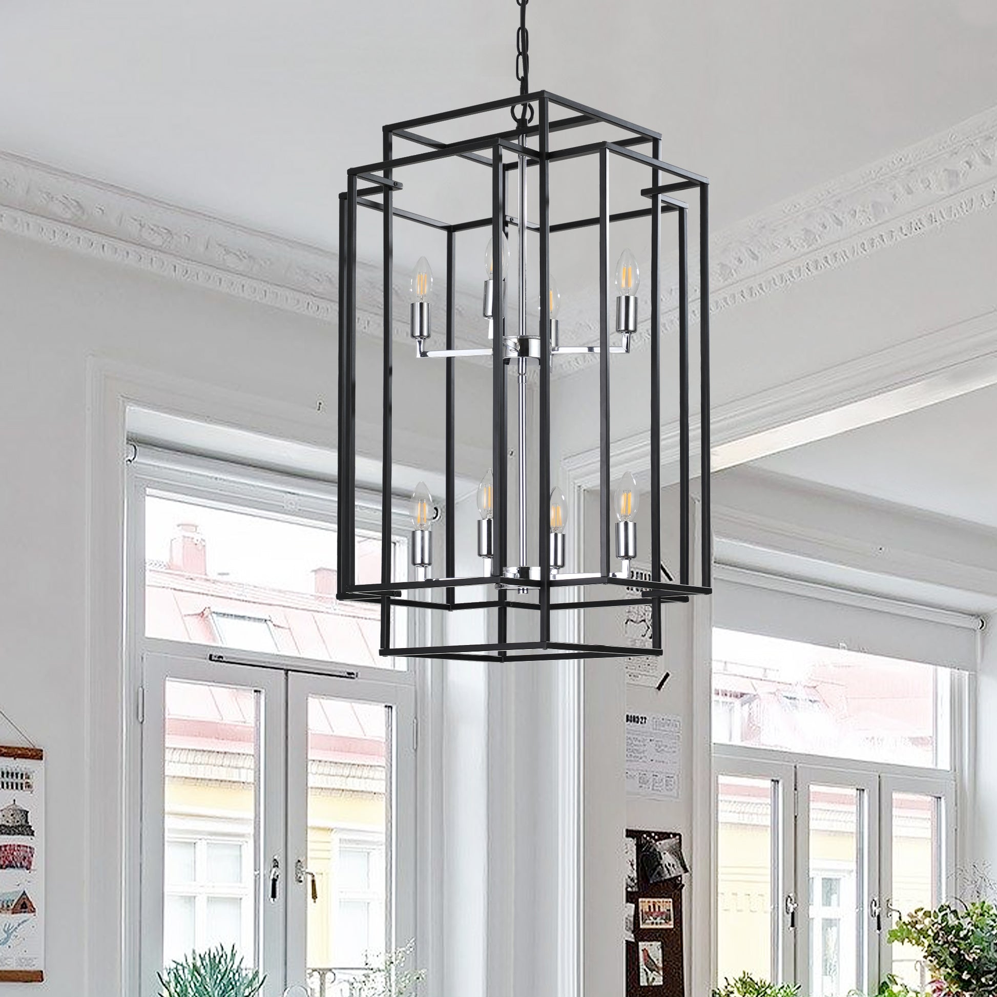 Same As W1340142525 L1018 C 8 Lights Lantern Tiered Pendant Light Fixtures, Industrial Farmhouse Hanging Chandelier For Entryway, Foyer, Living Room, Kitchen Island, Staircase Black & Silver Chrome Farmhouse Iron