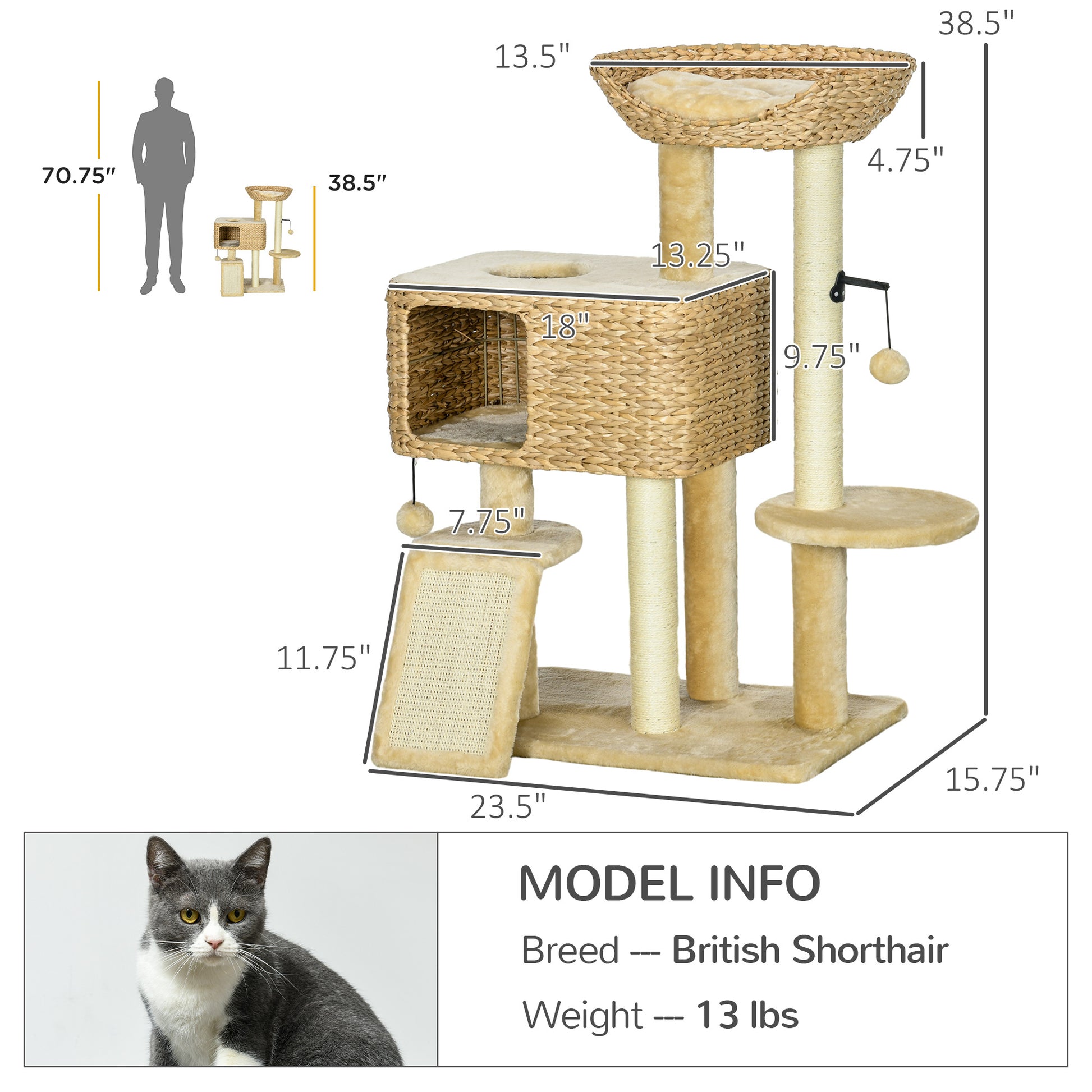 Pawhut 38" Cat Tree For Indoor Cats, Cat Tower With Scratching Posts, Ramp, Condo, Toy Balls, Platform, Bed, Ramp, Beige Beige Particle Board