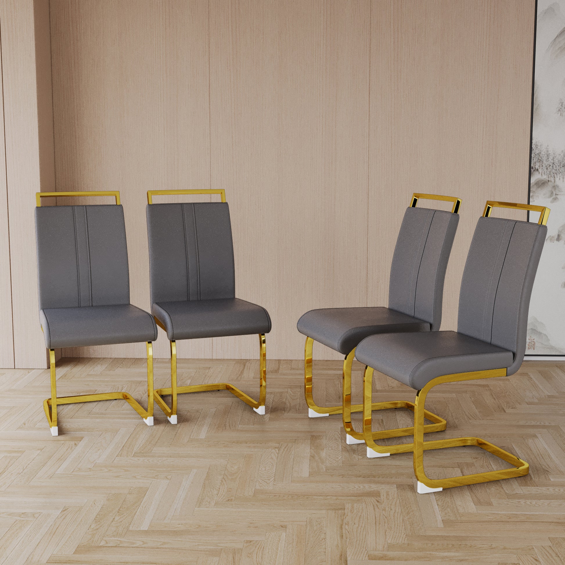 Modern Dining Chairs,Pu Faux Leather High Back Upholstered Side Chair With C Shaped Tube. Plating Golden Metal Legs For Dining Room Kitchen Vanity Patio Club Guest Office Chair Set Of 2 Grey Pu Grey Kitchen Dining Chairs Foam Pu