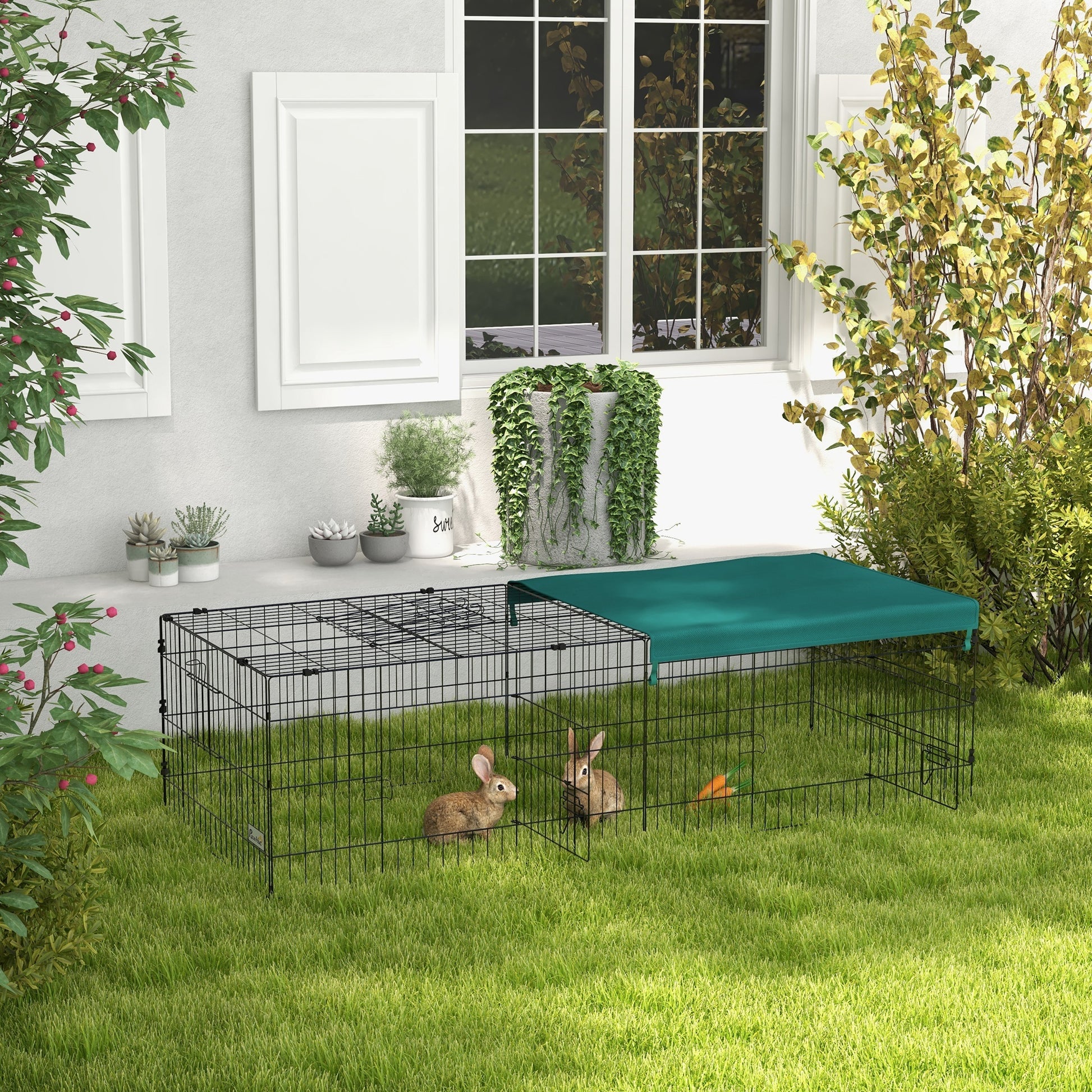 Pawhut 73" Small Animal Playpen, Pet Playpen Yard Fence For Rabbits, Chicken, Chinchillas With Roof For Indoor & Outdoor, Green Green Steel