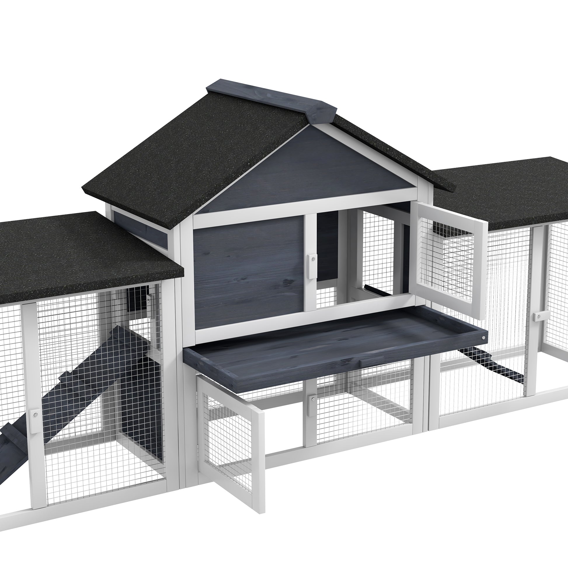 Pawhut 83"L Outdoor Rabbit Hutch, Guinea Pig Cage Indoor Outdoor Wooden Bunny Hutch With Double Runs, Weatherproof Roof, Removable Tray, Ramps, Dark Gray Gray Wood