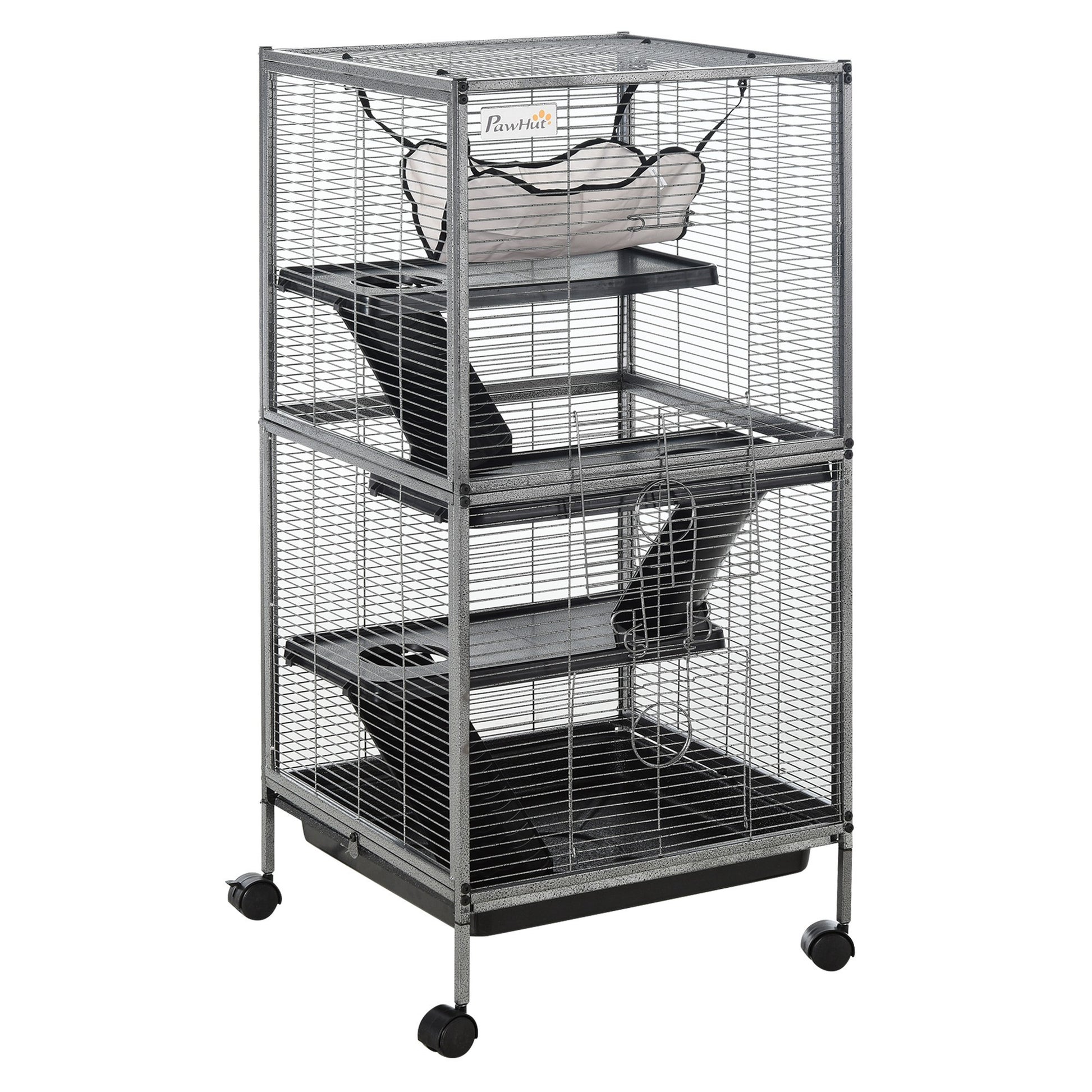 Pawhut Metal Small Animal Cage Rolling Big Ferret Cage, Chinchilla Cage, Sugar Glider Cage, With Hammock & 4 Tiers, Removable Tray, Gray Gray Steel