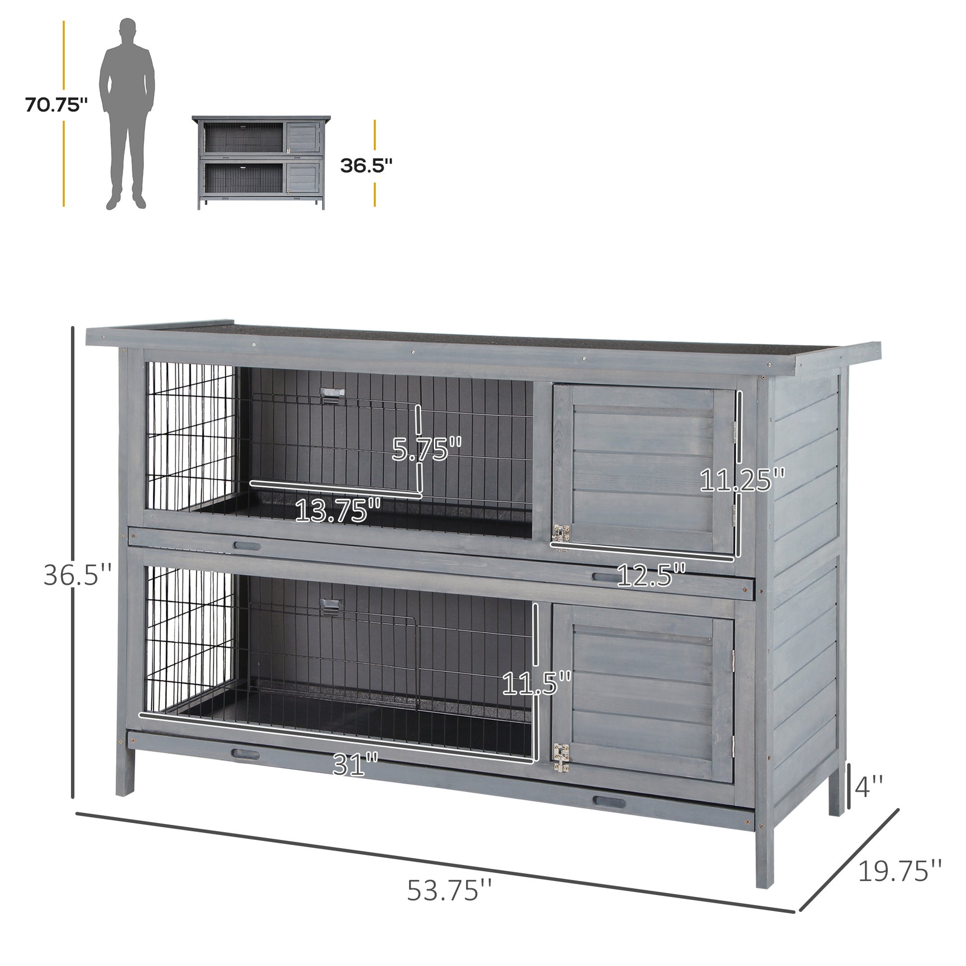 Pawhut 54" 2 Story Large Rabbit Hutch Bunny Cage Wooden Pet House Small Animal Habitat With Lockable Doors, No Leak Tray And Waterproof Roof For Outdoor Indoor Grey Gray Wood