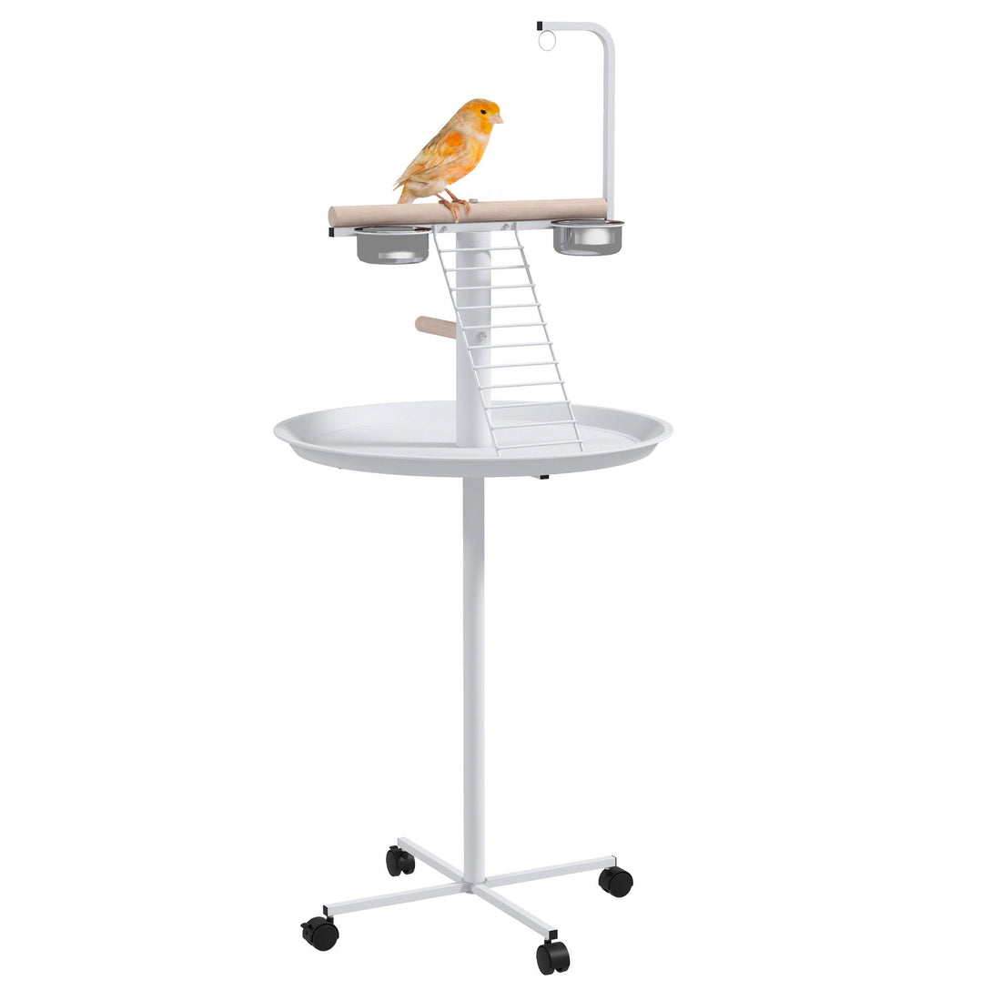 Pawhut Bird Stand, Parrot Stand With Wheels, Perches, Stainless Steel Feed Bowls, Round Tray, Bird Play Stand For Indoor Outdoor, White White Steel