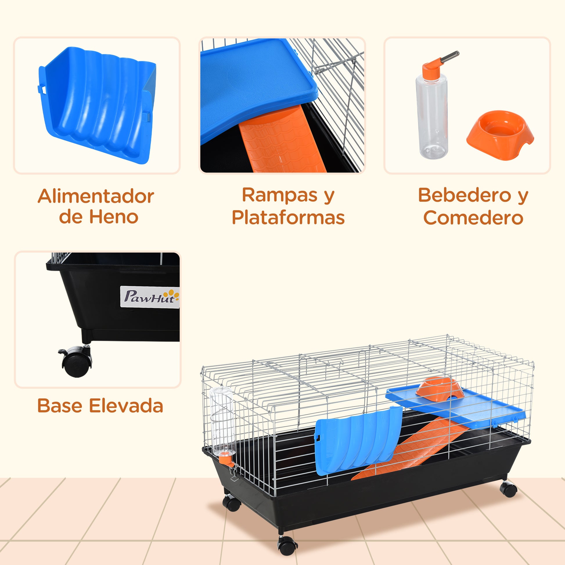 Pawhut 35"L Small Animal Cage, Rolling Bunny Cage, Guinea Pig Cage With Food Dish, Water Bottle, Hay Feeder, Platform, Ramp For Ferret Chinchilla, Black Black Steel