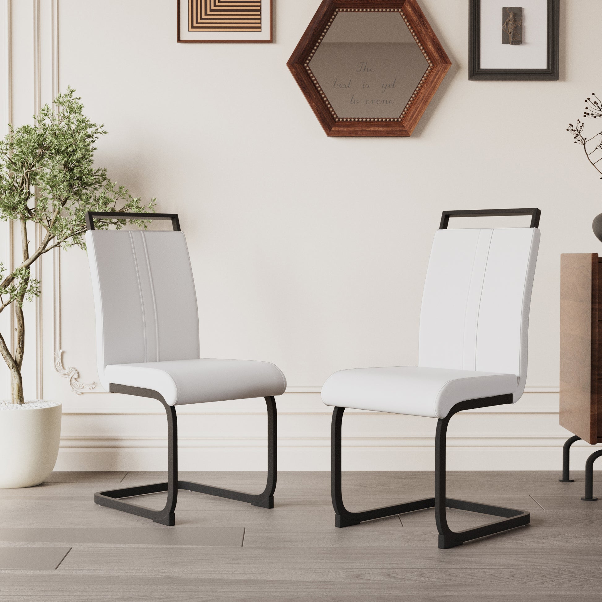 Modern Dining Chairs,Pu Faux Leather High Back Upholstered Side Chair With C Shaped Tube.Black Metal Legs For Dining Room Kitchen Vanity Patio Club Guest Office Chair Set Of 2 White Pu White Kitchen Dining Chairs Foam Pu
