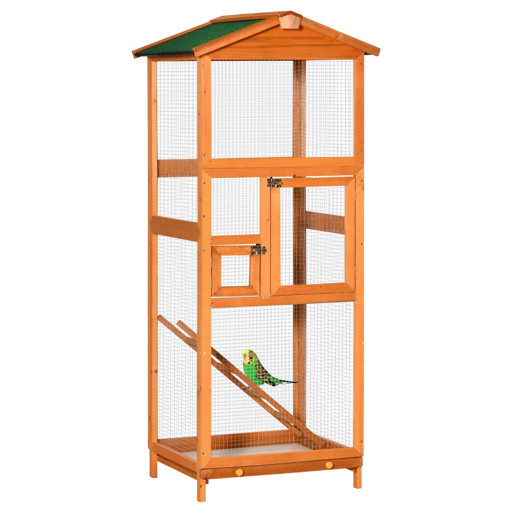 Pawhut 65" Wooden Bird Cage Outdoor Aviary House For Parrot, Parakeet, With Pull Out Tray And 2 Doors, Orange Orange Wood