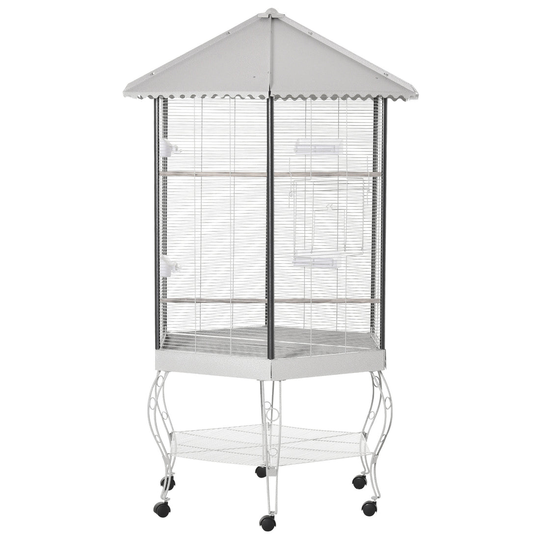 Pawhut 77" Flight Bird Cage Hexagon Covered Canopy Portable Aviary With Storage White Steel