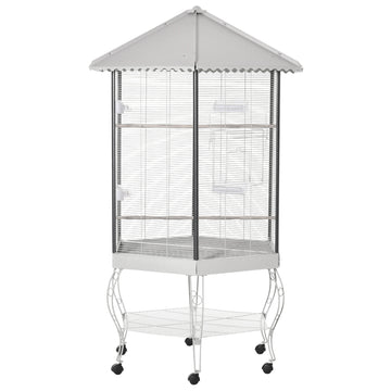 Pawhut 77" Flight Bird Cage Hexagon Covered Canopy Portable Aviary With Storage White Steel