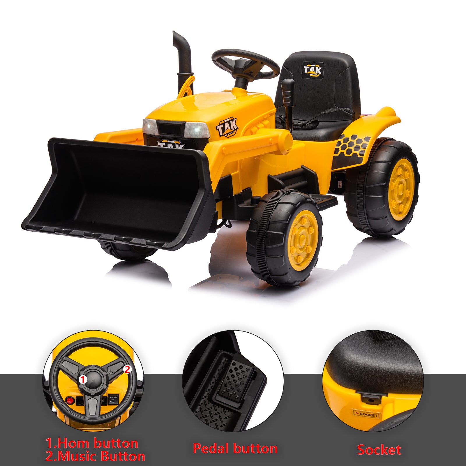 12V Kids Ride On Tractor Electric Excavator Battery Powered Motorized Car For Kids Ages 3 6, With Front Loader, Digging Handle, Remote Control, & Bright Headlight, Yellow Yellow Polyvinyl Chloride