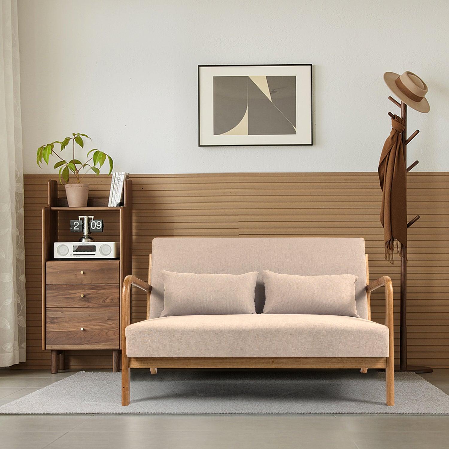 Leisure Chair With Solid Wood Armrest And Feet, Mid Century Modern Accent Sofa,2 Seat Beige Linen