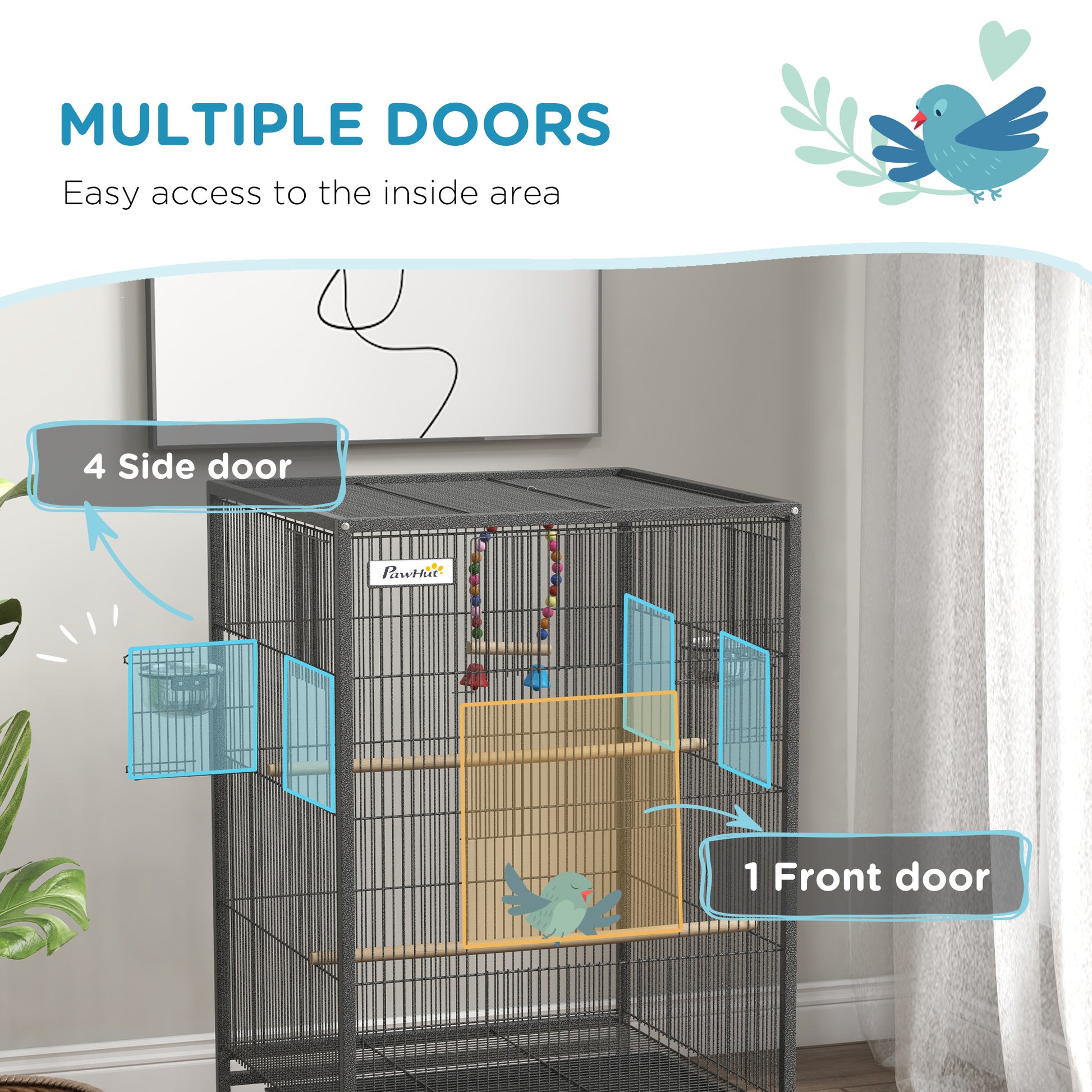 Pawhut Metal Bird Cage With Stand For Parrots, Lovebirds, Finches, Large Bird Cage With Swing, Stainless Steel Bowls, Removable Tray For Small Birds, Gray Gray Steel