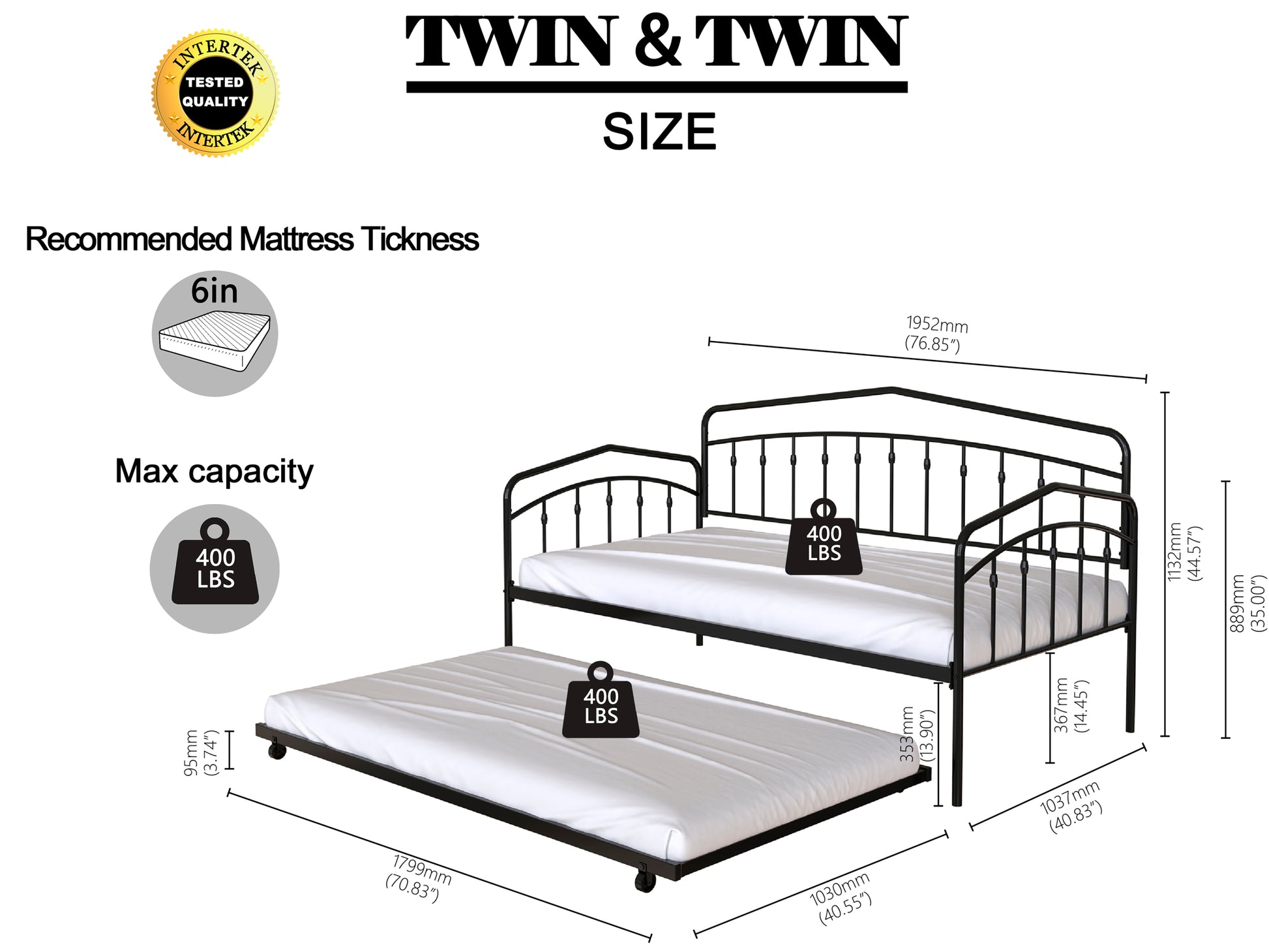 Fox Twin Daybed With Twin Trundle, Black Box Spring Not Required Twin Black Metal Bedroom Daybeds Metal