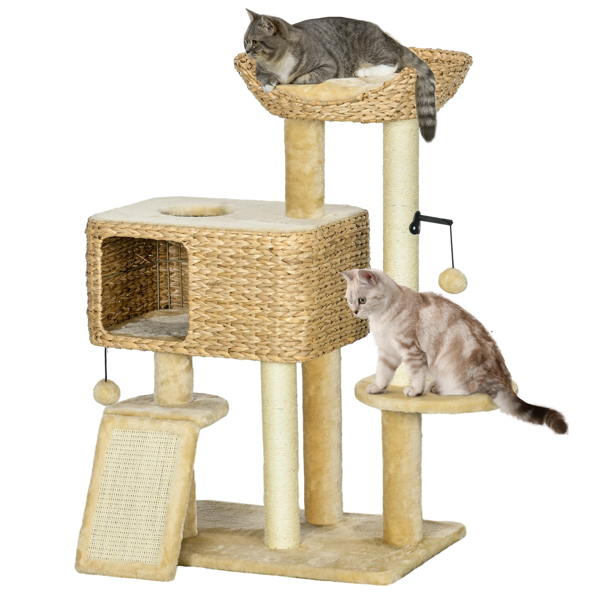 Pawhut 38" Cat Tree For Indoor Cats, Cat Tower With Scratching Posts, Ramp, Condo, Toy Balls, Platform, Bed, Ramp, Beige Beige Particle Board